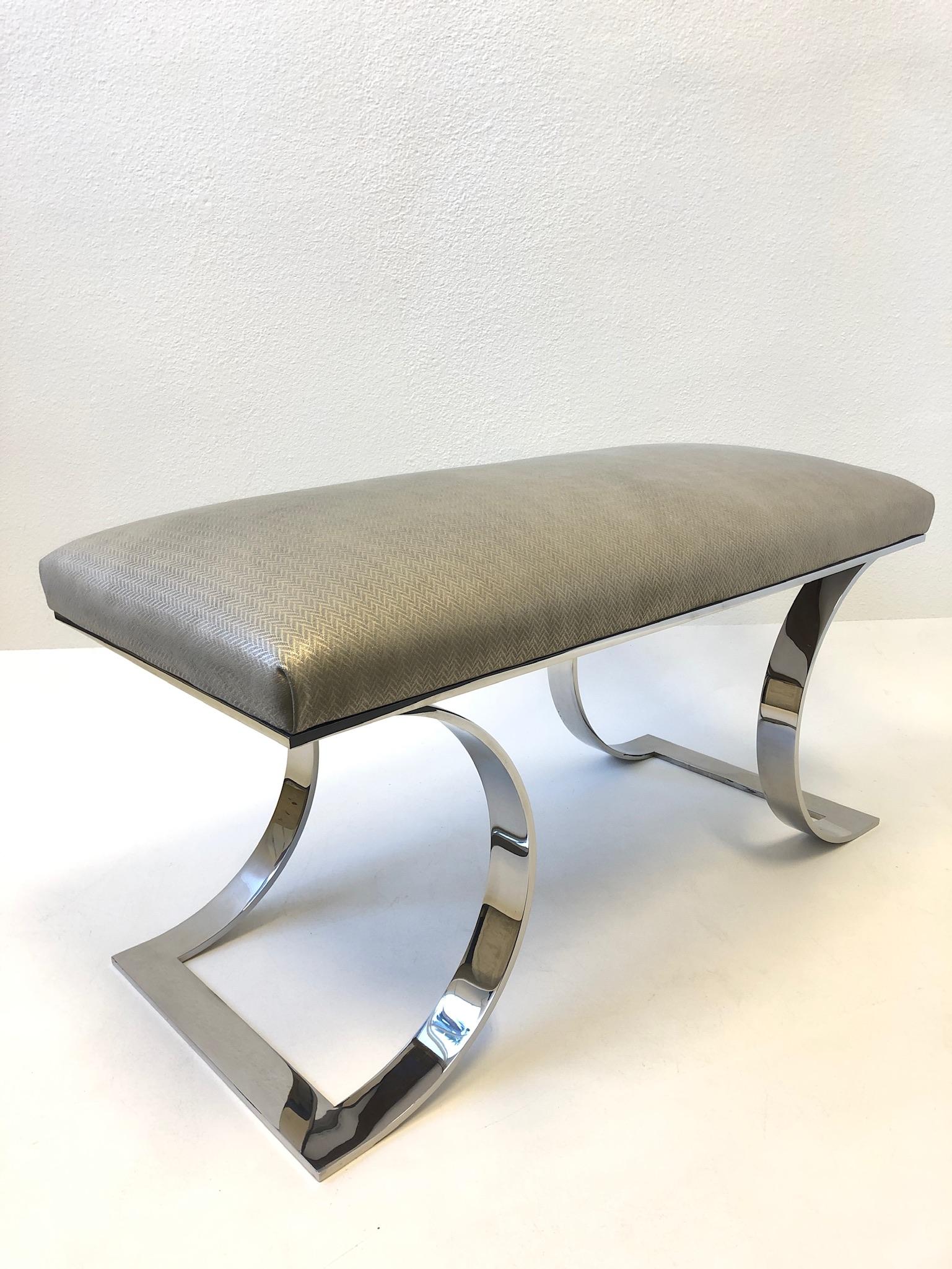 Modern Polish Stainless Steel and Leather “JMF Bench” by Karl Springer