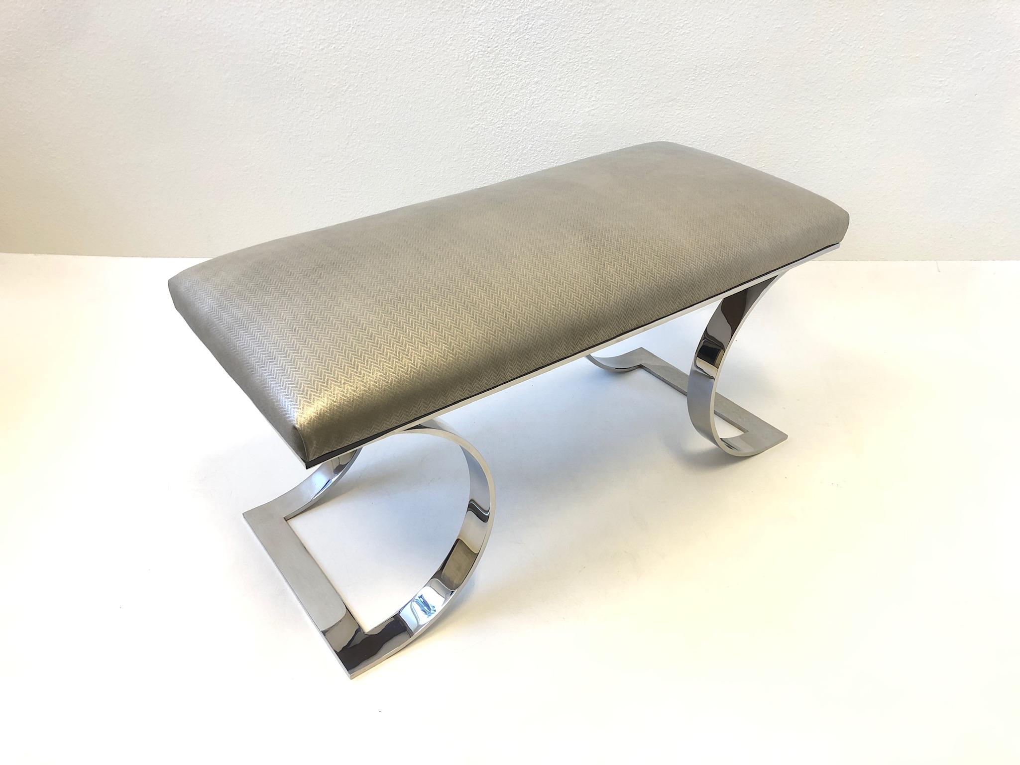 American Polish Stainless Steel and Leather “JMF Bench” by Karl Springer