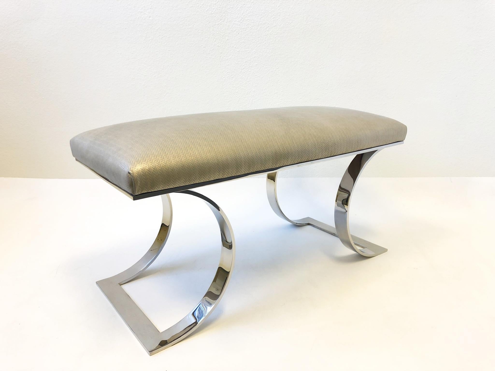 Polished Polish Stainless Steel and Leather “JMF Bench” by Karl Springer