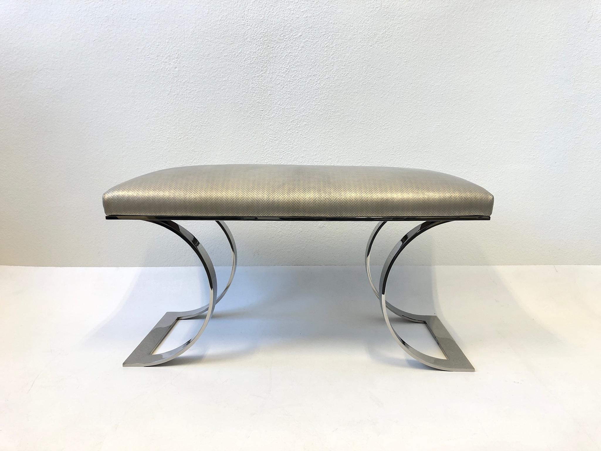 Polish Stainless Steel and Leather “JMF Bench” by Karl Springer In Excellent Condition In Palm Springs, CA