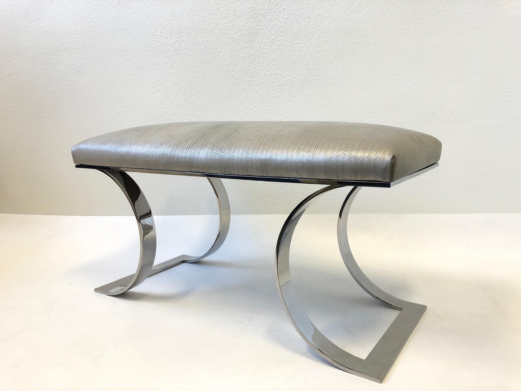 Late 20th Century Polish Stainless Steel and Leather “JMF Bench” by Karl Springer