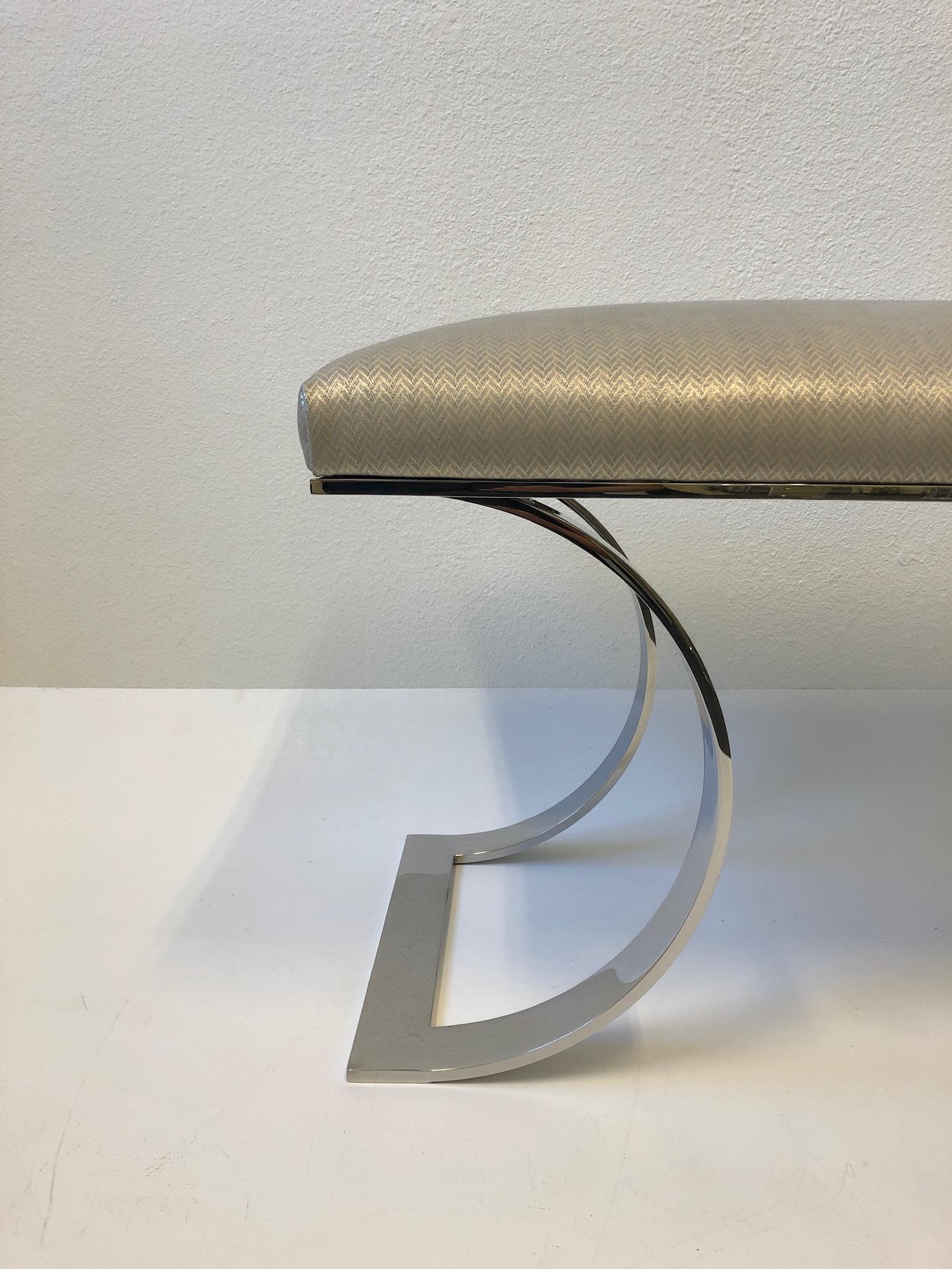 Polish Stainless Steel and Leather “JMF Bench” by Karl Springer 2