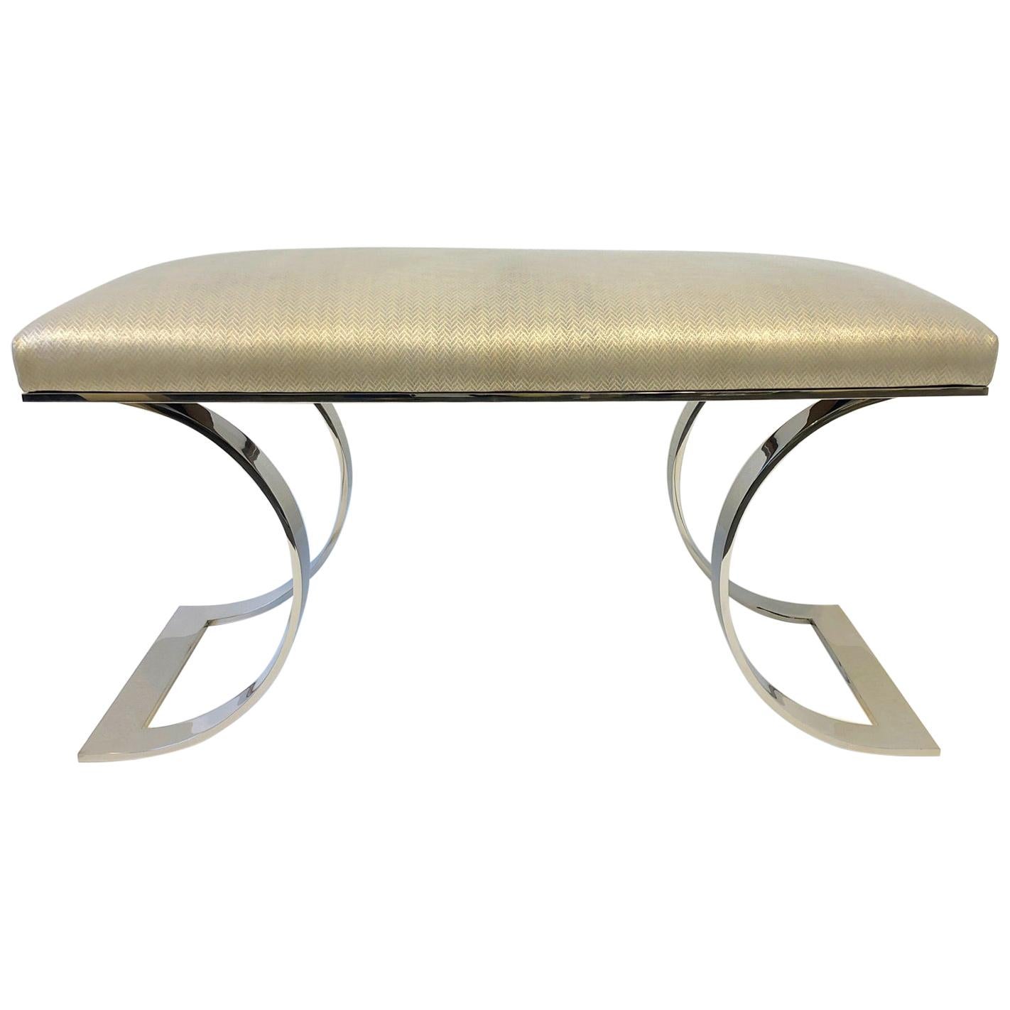 Polish Stainless Steel and Leather “JMF Bench” by Karl Springer