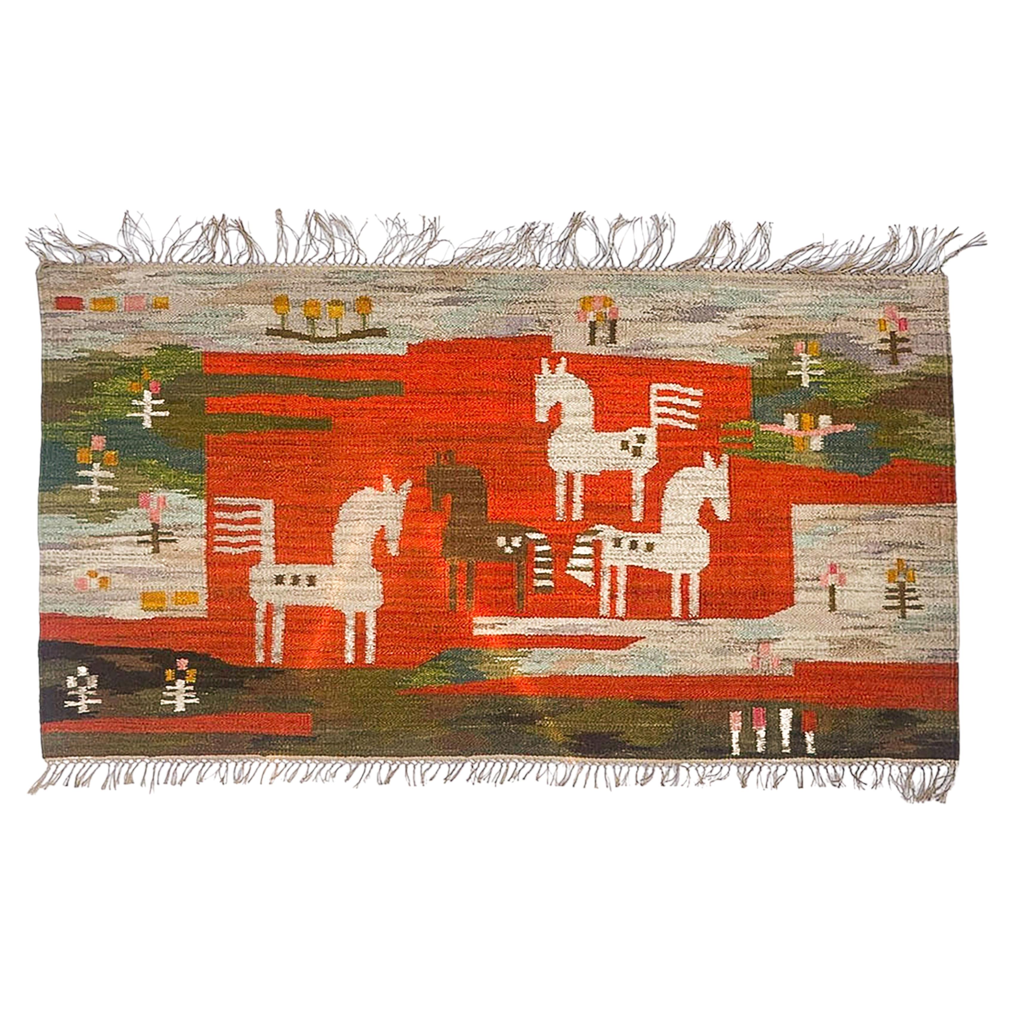 Tapisserie polonaise en laine, tissée à la main, représentant des chevaux et des fleurs dans le style de l'art populaire, Piotr Grabowski, années 1970
