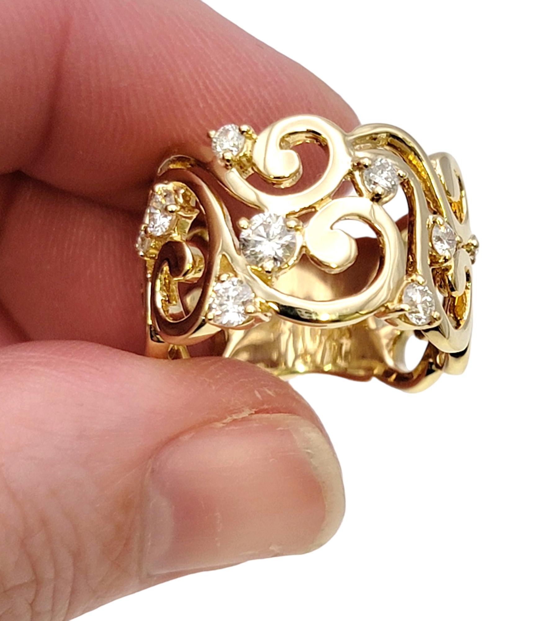 Polished 14 Karat Yellow Gold Scroll Motif Extra Wide Band Ring with Diamonds For Sale 4