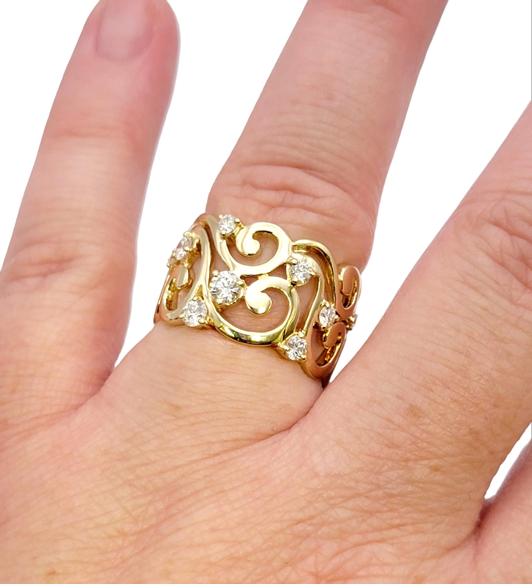 Polished 14 Karat Yellow Gold Scroll Motif Extra Wide Band Ring with Diamonds For Sale 5