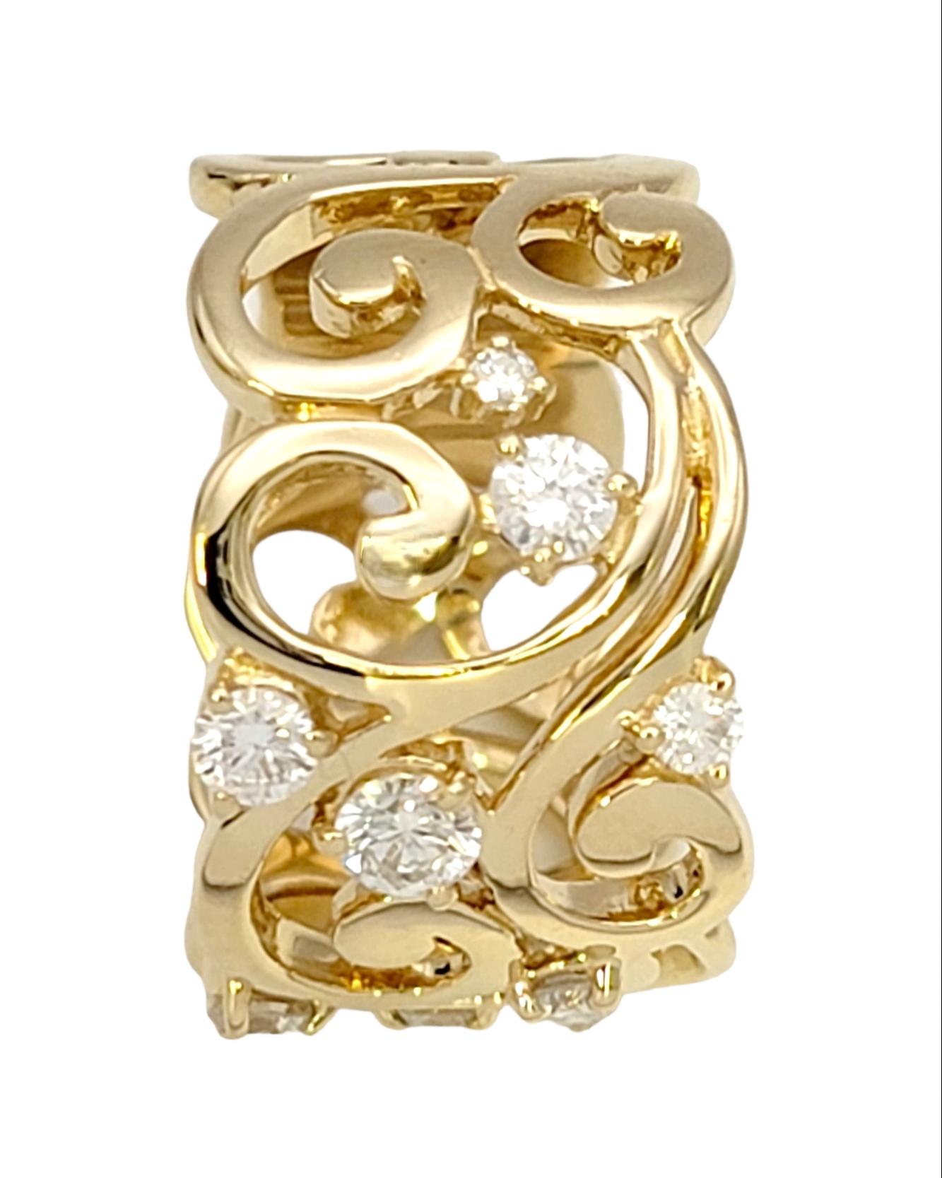 Contemporary Polished 14 Karat Yellow Gold Scroll Motif Extra Wide Band Ring with Diamonds For Sale
