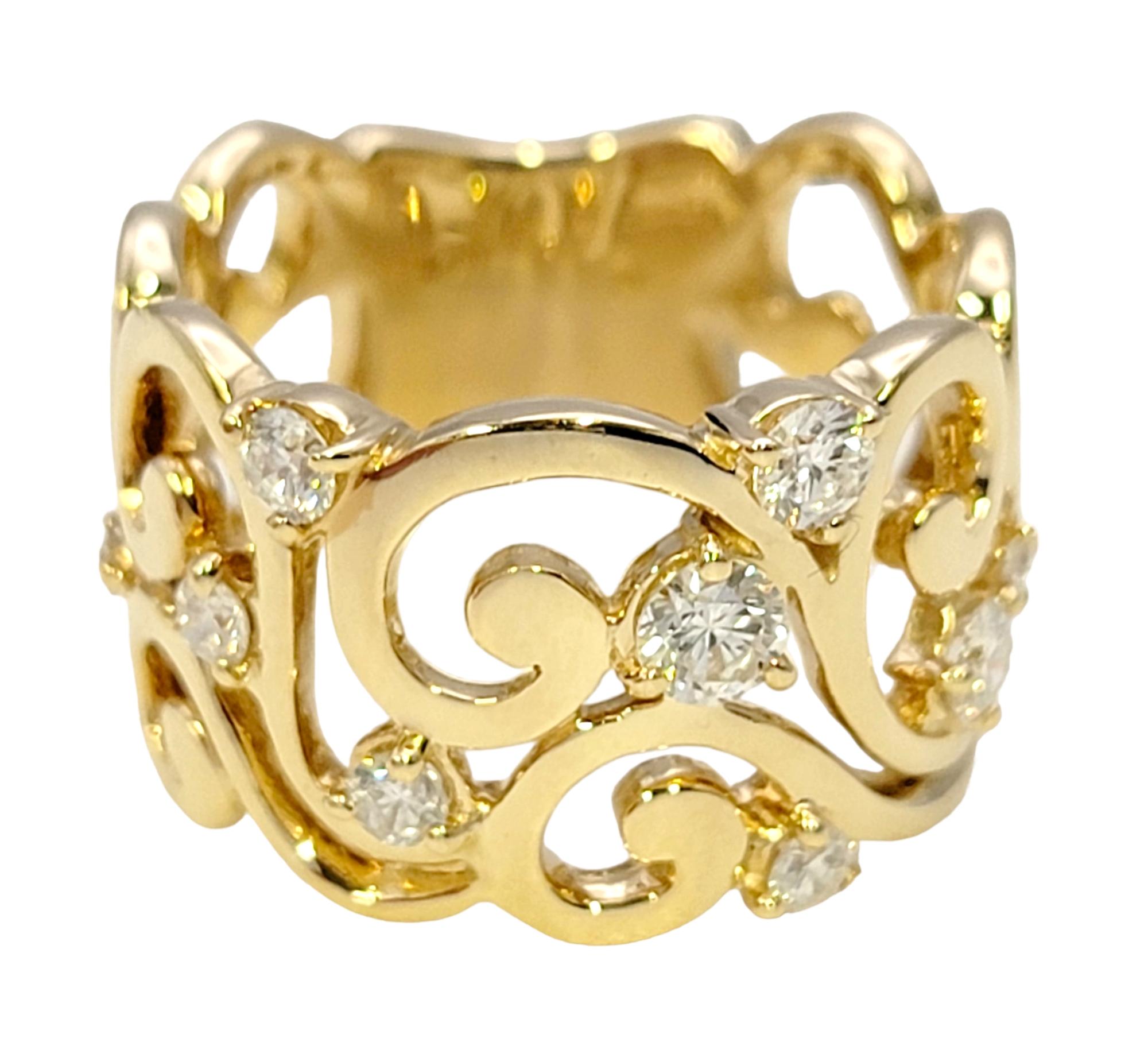 Round Cut Polished 14 Karat Yellow Gold Scroll Motif Extra Wide Band Ring with Diamonds For Sale