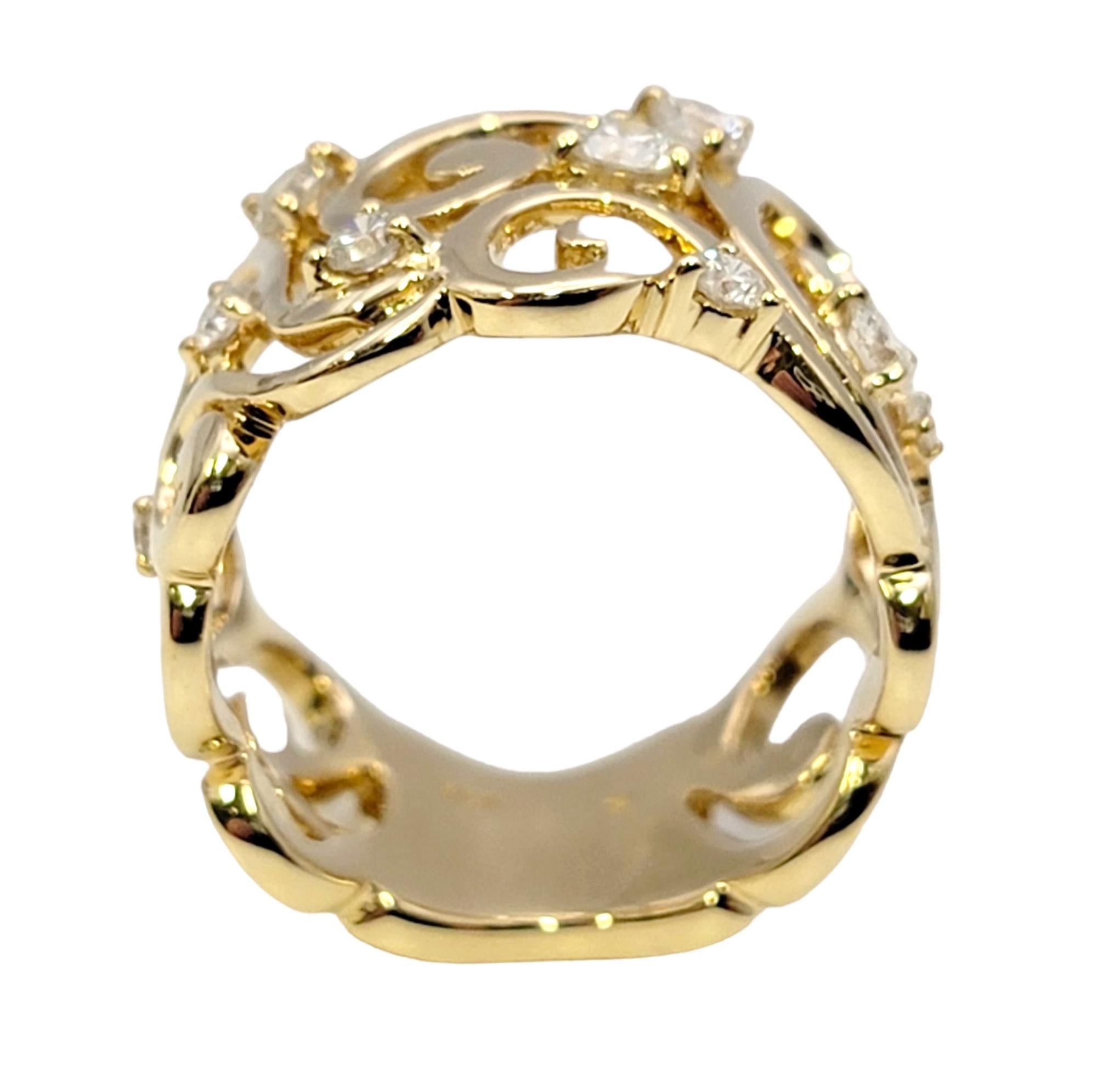 Polished 14 Karat Yellow Gold Scroll Motif Extra Wide Band Ring with Diamonds For Sale 1