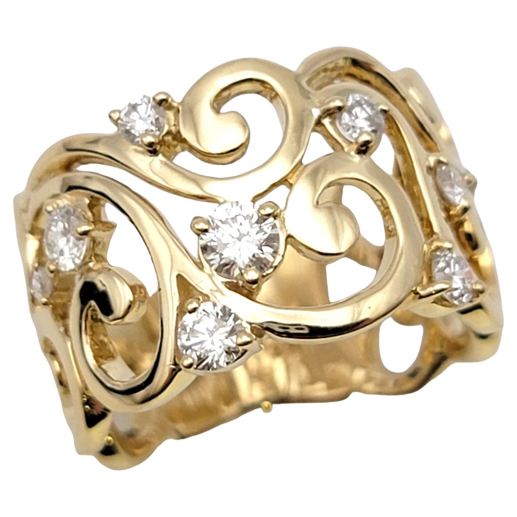 Polished 14 Karat Yellow Gold Scroll Motif Extra Wide Band Ring with Diamonds