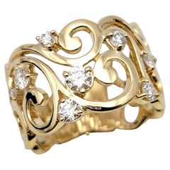 Polished 14 Karat Yellow Gold Scroll Motif Extra Wide Band Ring with Diamonds