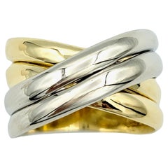 Polished 18 Karat Yellow and White Gold 4 Row Criss-Cross Wide Cigar Band Ring