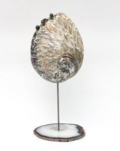 Polished Abalone Shell with Baroque Pearls on a Polished Agate Base