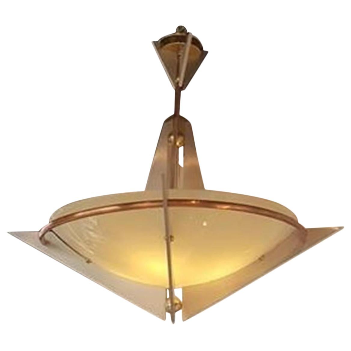 Swedish Art Deco 6Arm Polished Brass Chandelier with Nine Lights at
