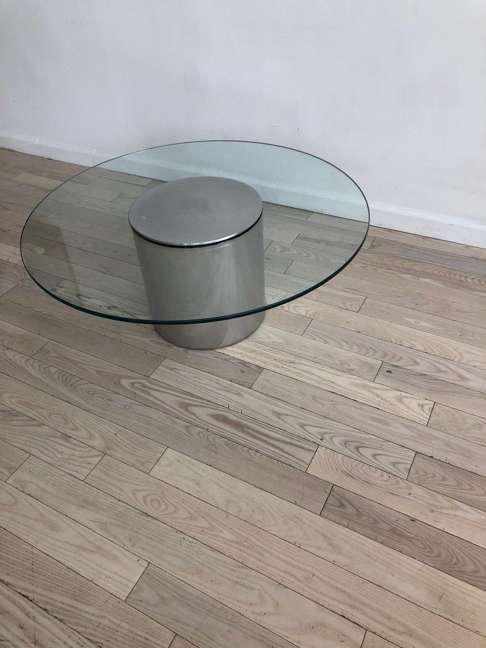 Late 20th Century Polished Aluminium Drum Coffee Table by Paul Mayen with Glass Top For Sale