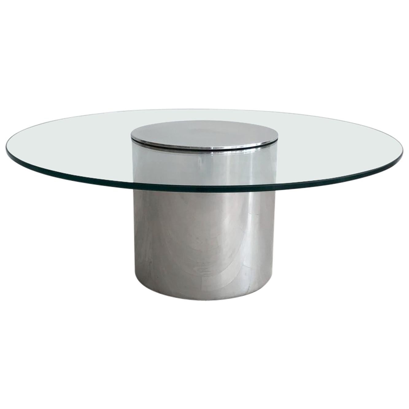 Polished Aluminium Drum Coffee Table by Paul Mayen with Glass Top For Sale