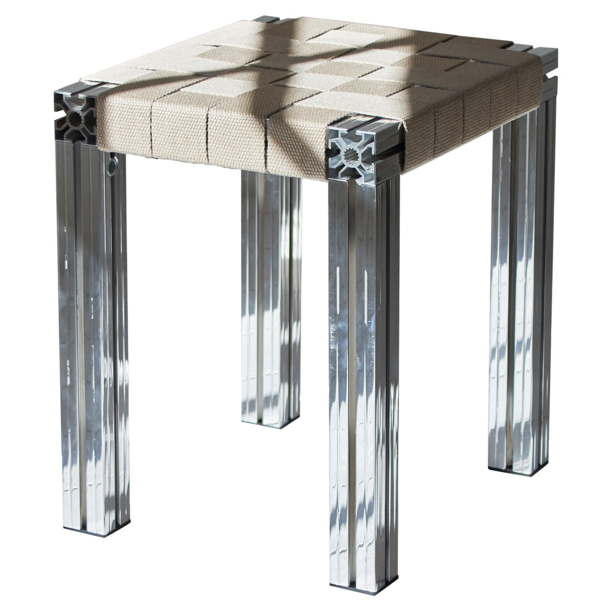 Polished Aluminium Stool with Flax Webbing Seat from Anodised Wicker Collection For Sale