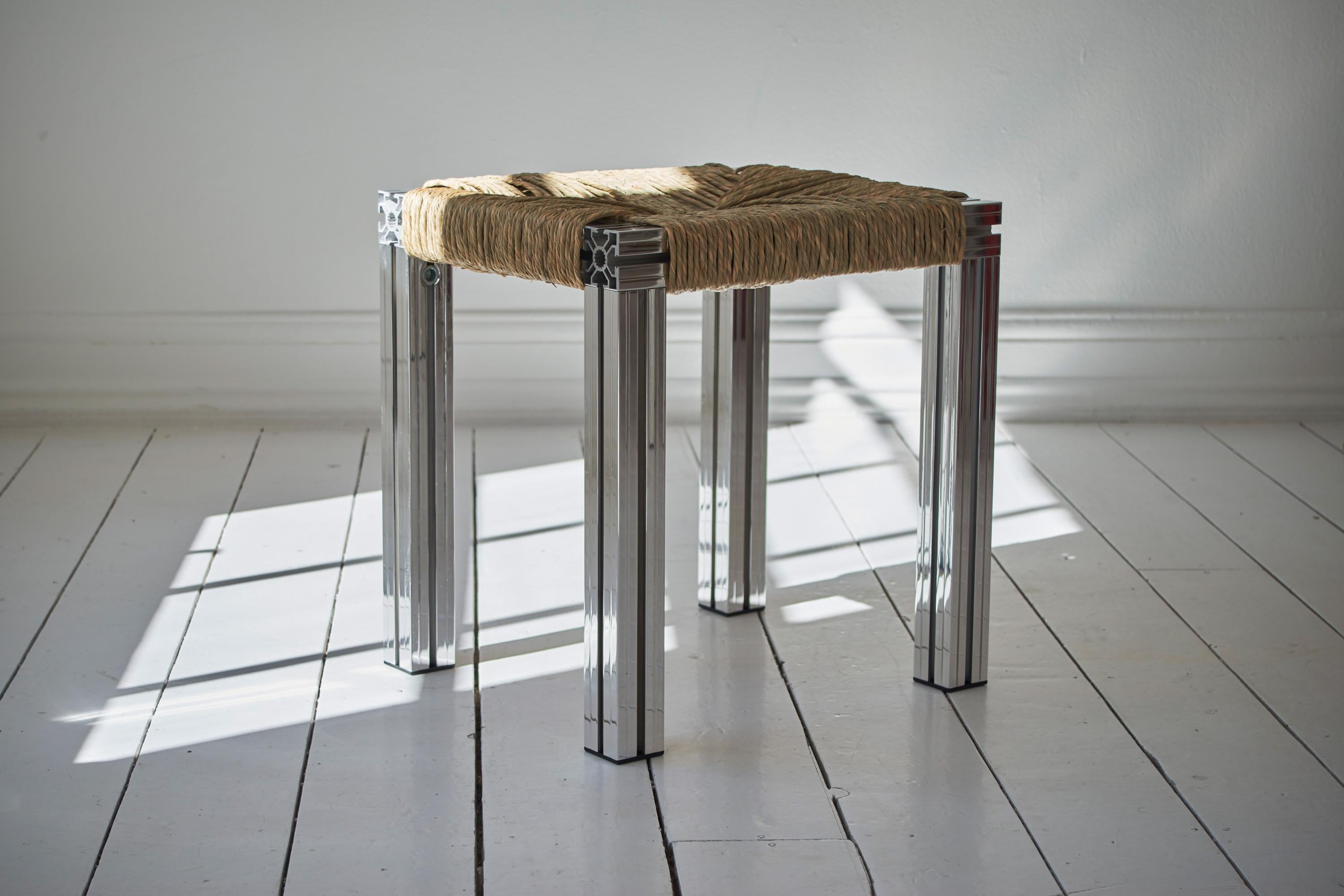 British Polished Aluminium Stool with Reel Rush Seating from Anodised Wicker Collection For Sale
