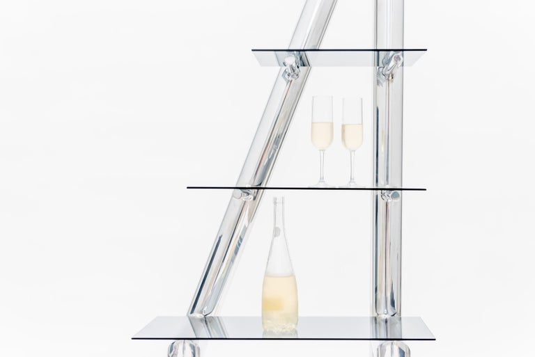 Polished Aluminum and Glass Sculptural Contemporary Shelving Unit by