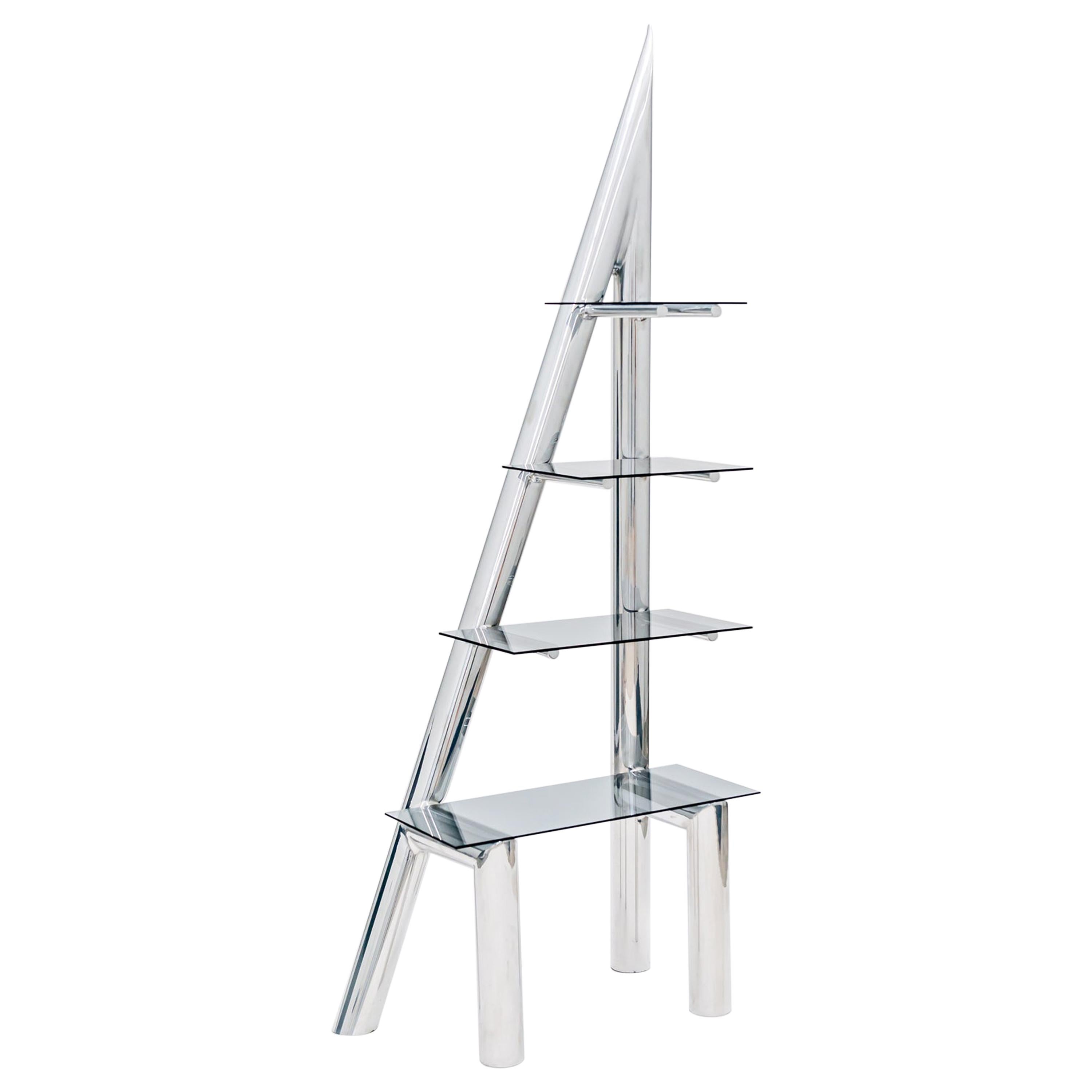 Polished Aluminum and Glass Sculptural Contemporary Shelving Unit by