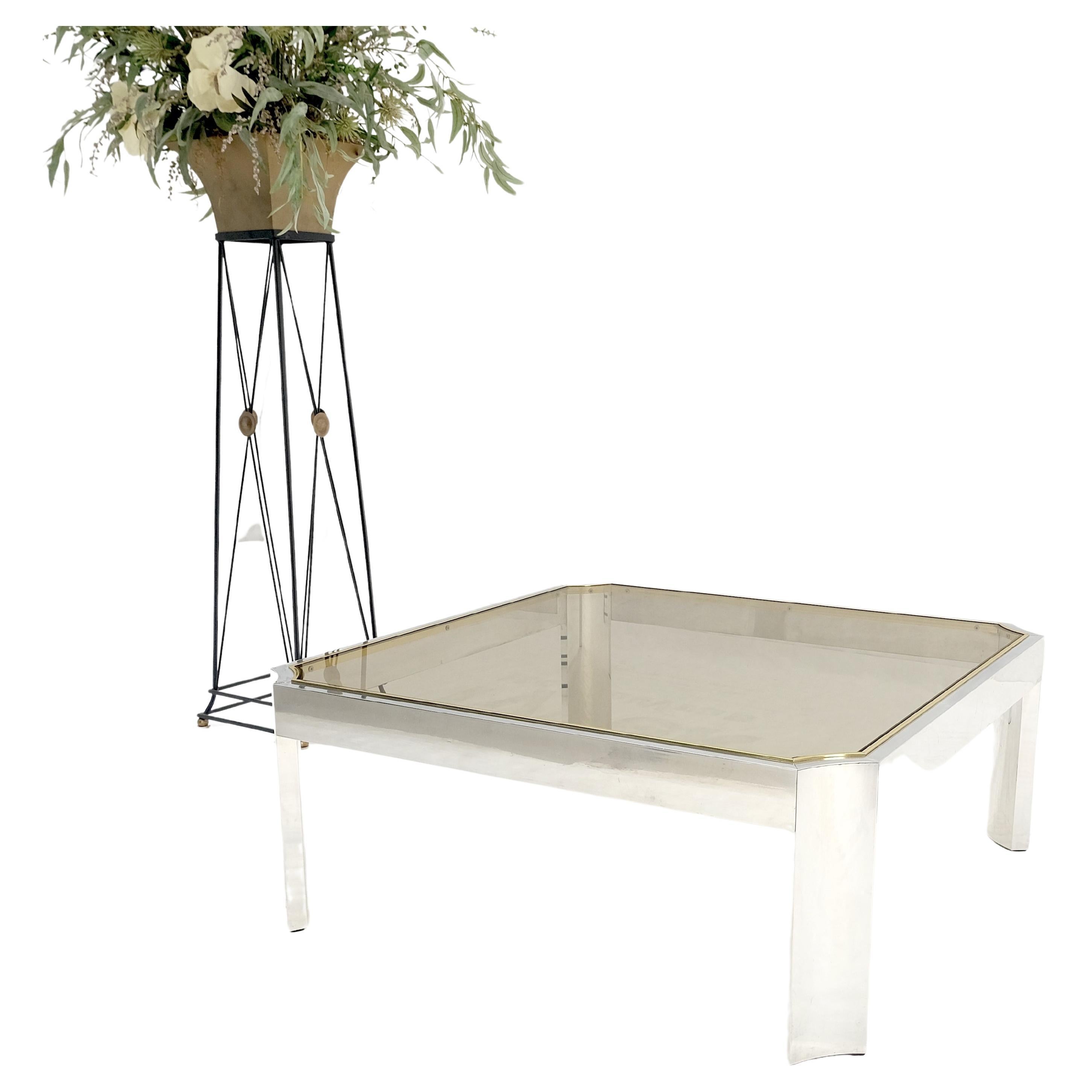 Polished Aluminum Brass Basel Smoked Glass Top 37" Square Coffee Table MINT! For Sale
