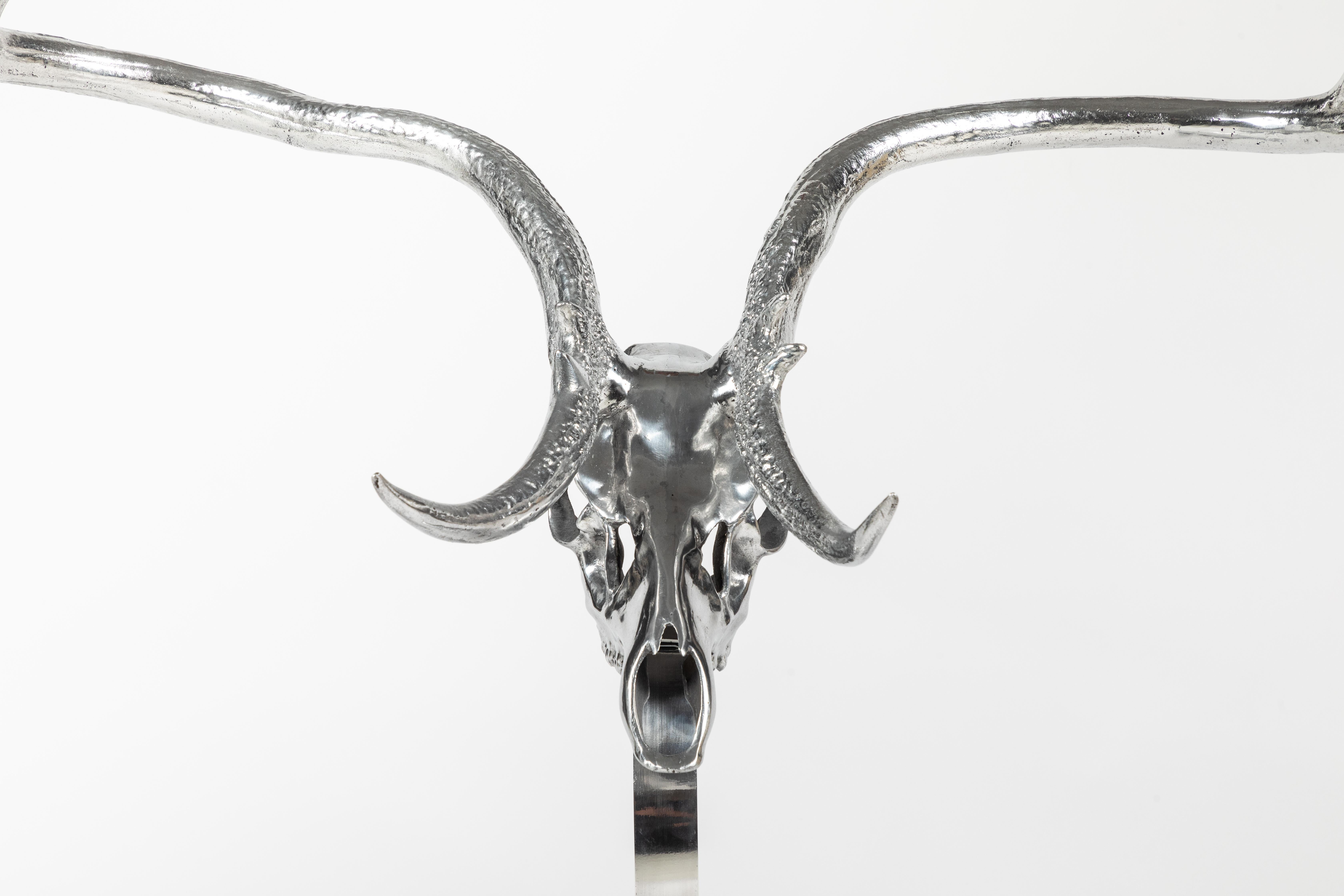 Mid-Century Modern Polished Aluminum Chital Deer Skull on Base by Arthur Court For Sale