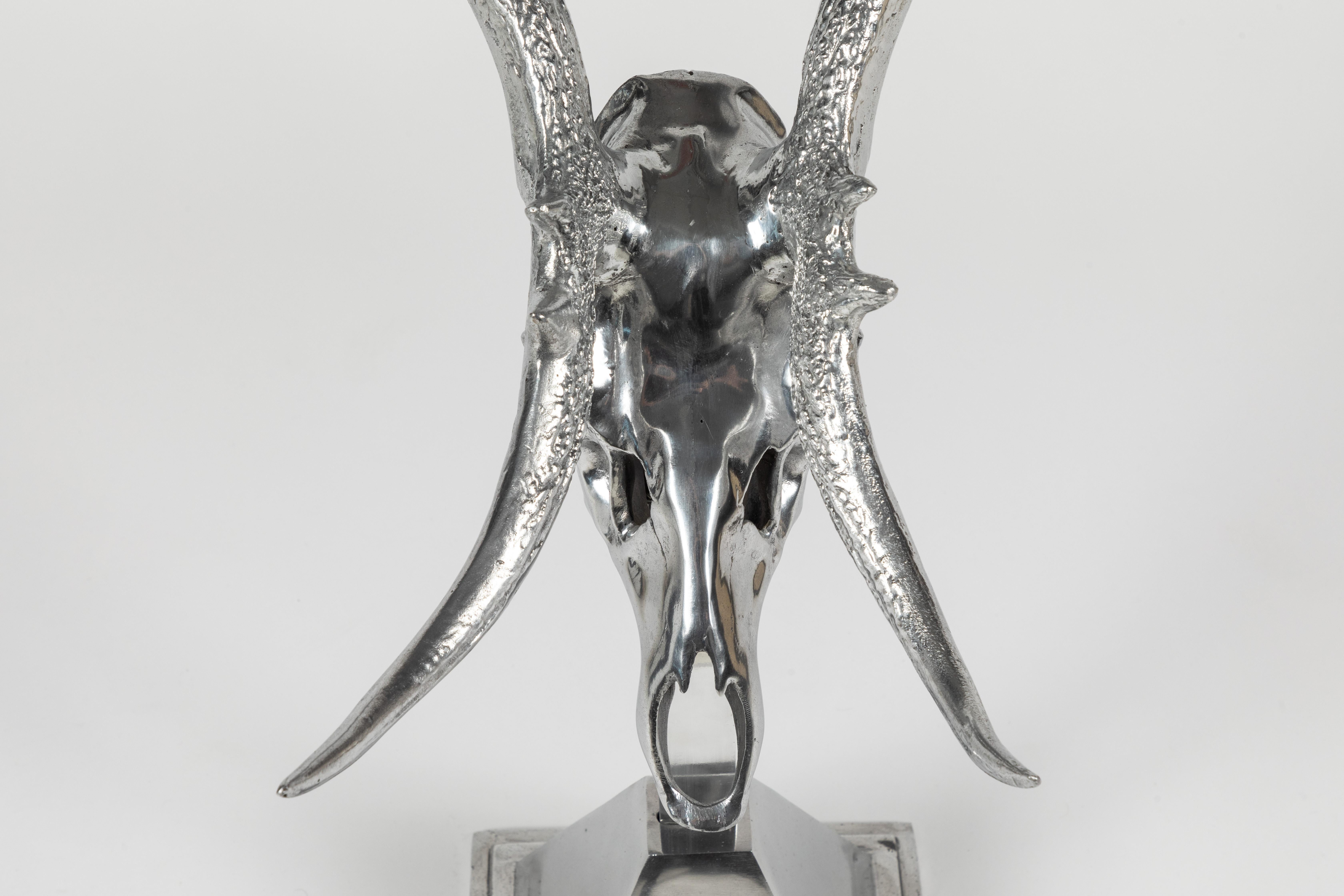 Polished Aluminum Chital Deer Skull on Base by Arthur Court In Good Condition In Palm Desert, CA