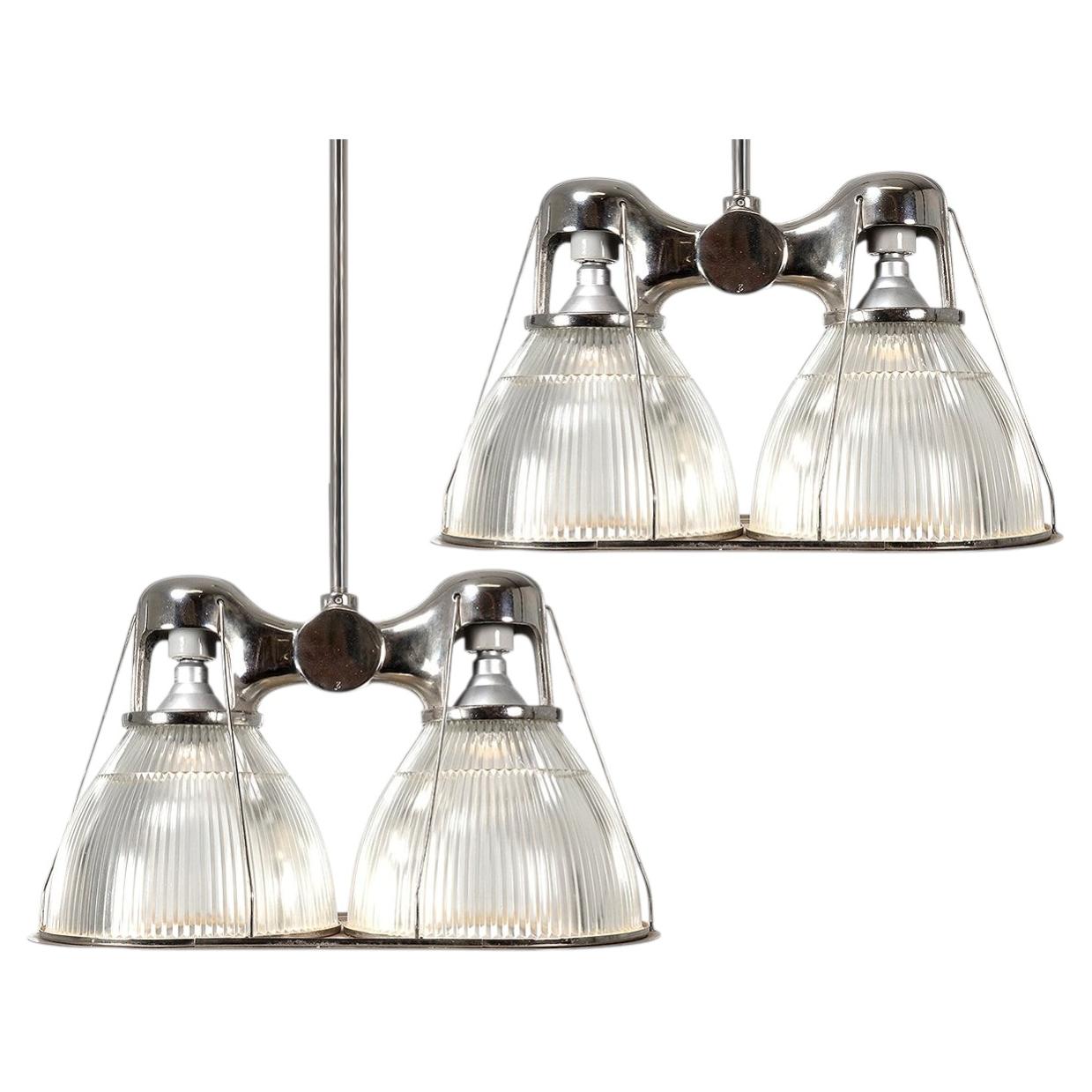 Polished Aluminum Double Holophane Chandelier