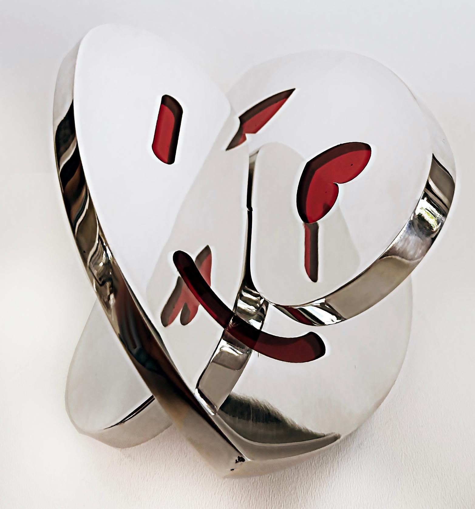 Modern Polished Aluminum Interlocking Hearts Sculpture with Translucent Epoxy Resin For Sale
