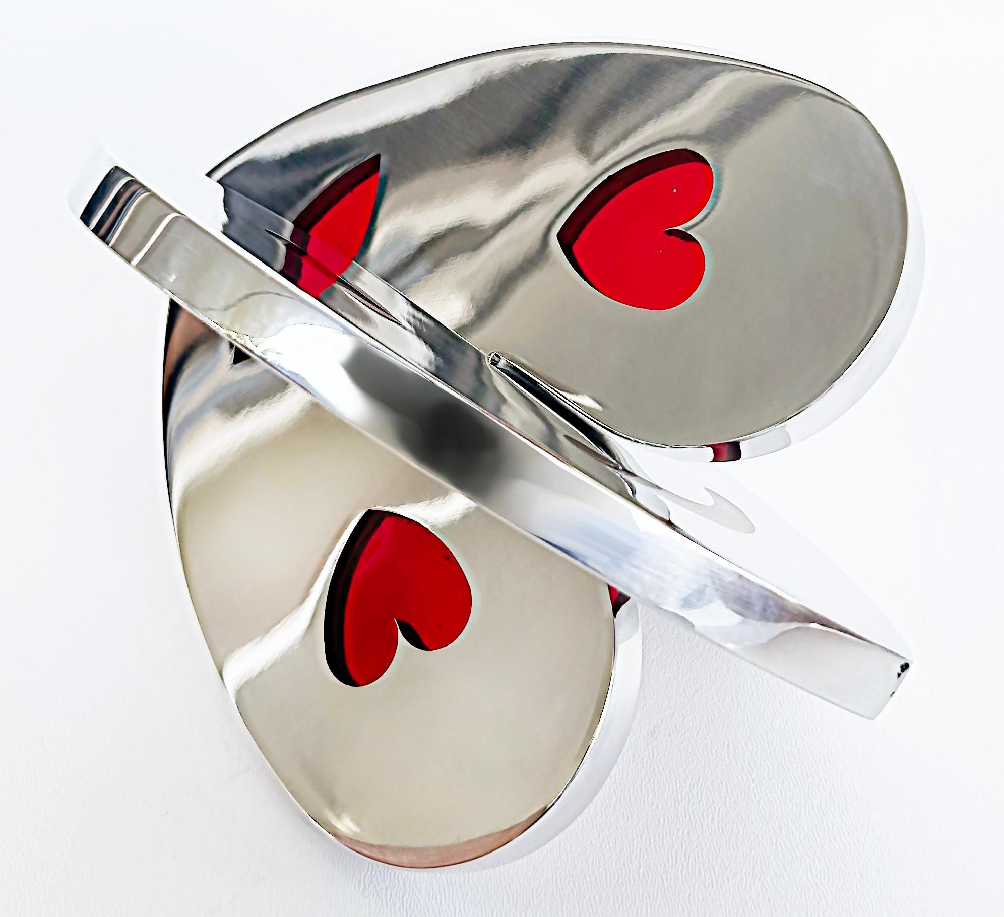 American Polished Aluminum Interlocking Hearts Sculpture with Translucent Epoxy Resin For Sale