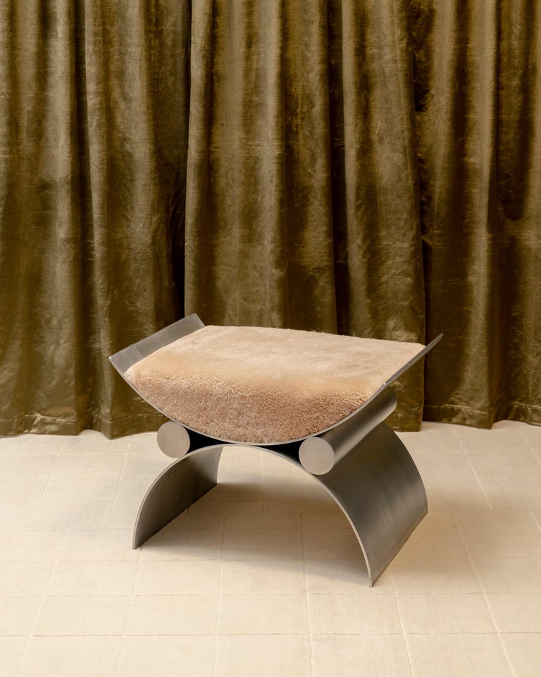 Contemporary Polished Aluminum Magna Chair or Stool with Sheepskin Upholstery, Customizable For Sale