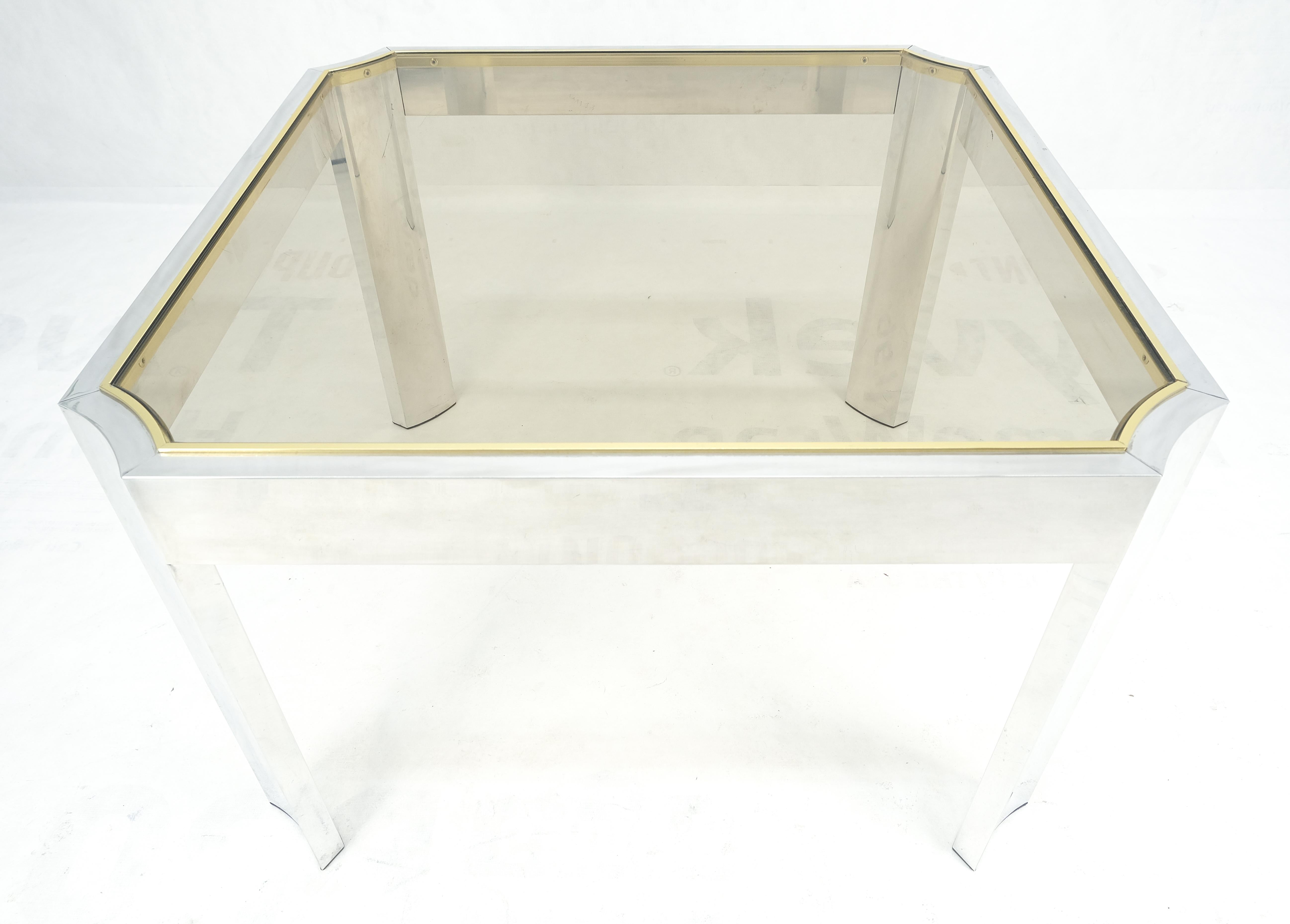 Mid-Century Modern Polished Aluminum Profile Brass Basel Smoked Glass Top Square Coffee Table MINT! For Sale
