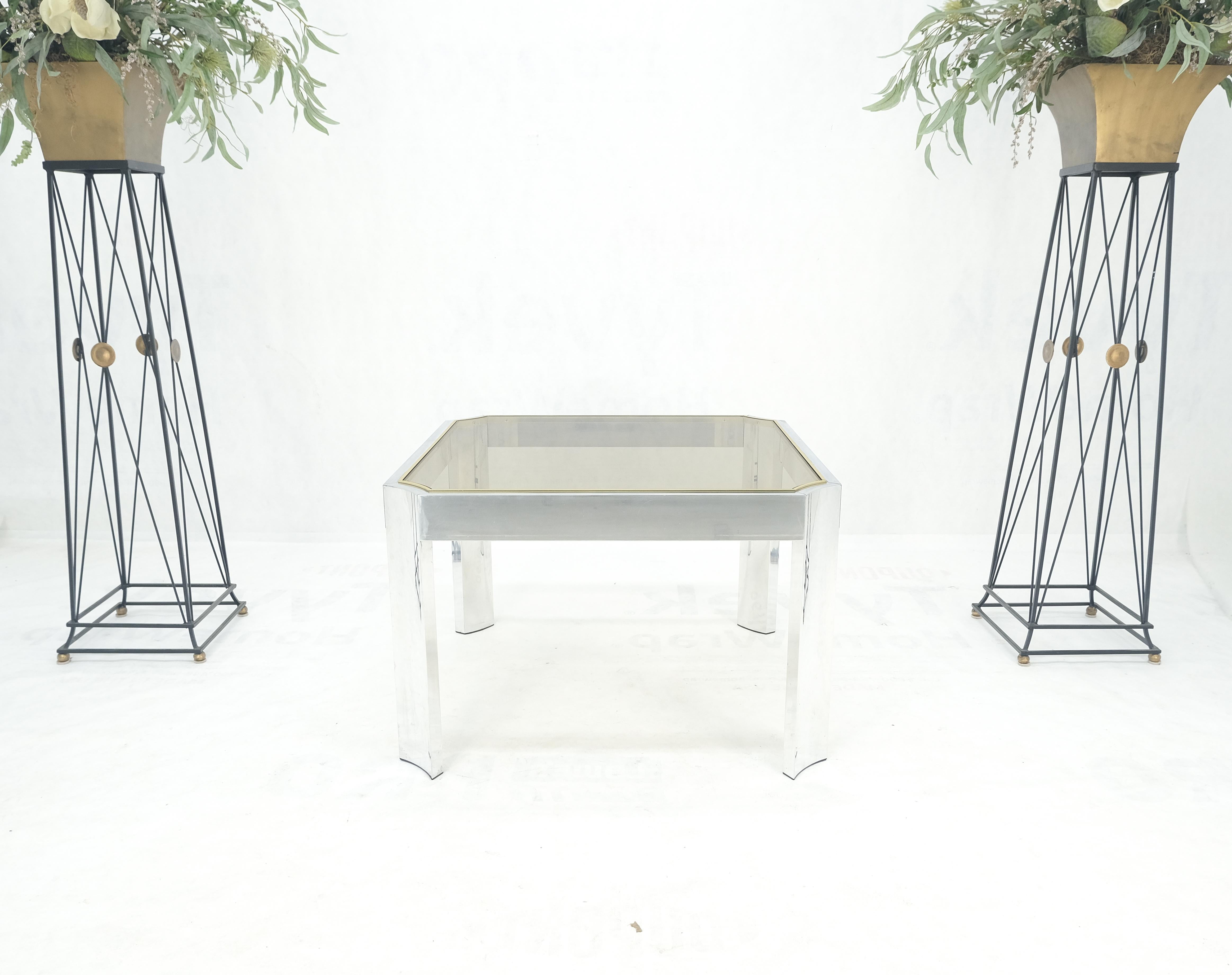 20th Century Polished Aluminum Profile Brass Basel Smoked Glass Top Square Coffee Table MINT! For Sale