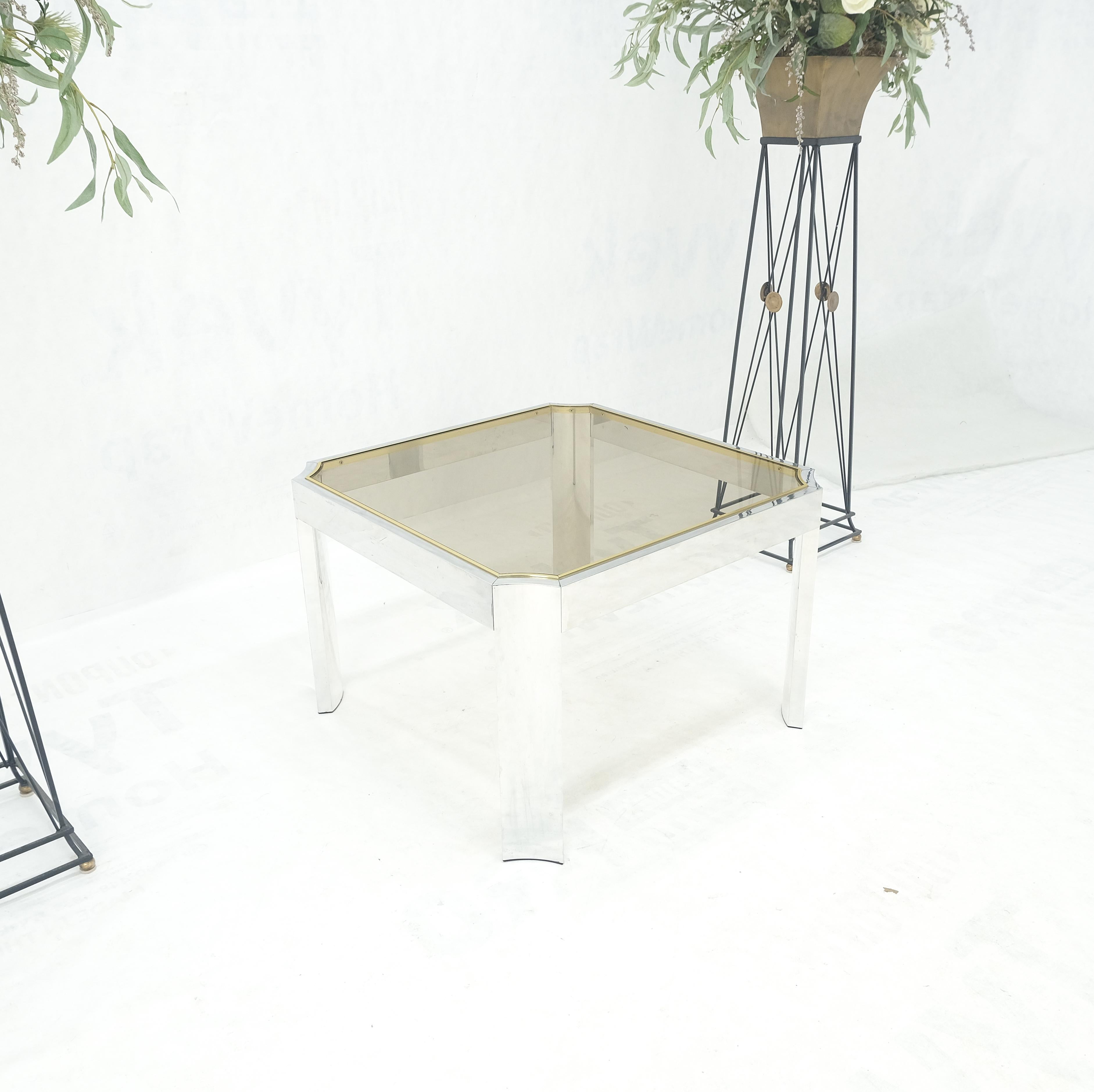 20th Century Polished Aluminum Profile Brass Basel Smoked Glass Top Square Coffee Table MINT! For Sale