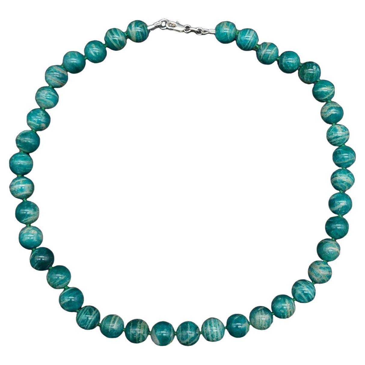 Polished Amazonite Bead Necklace, Sterling Silver Clasp, Vintage, Collar For Sale