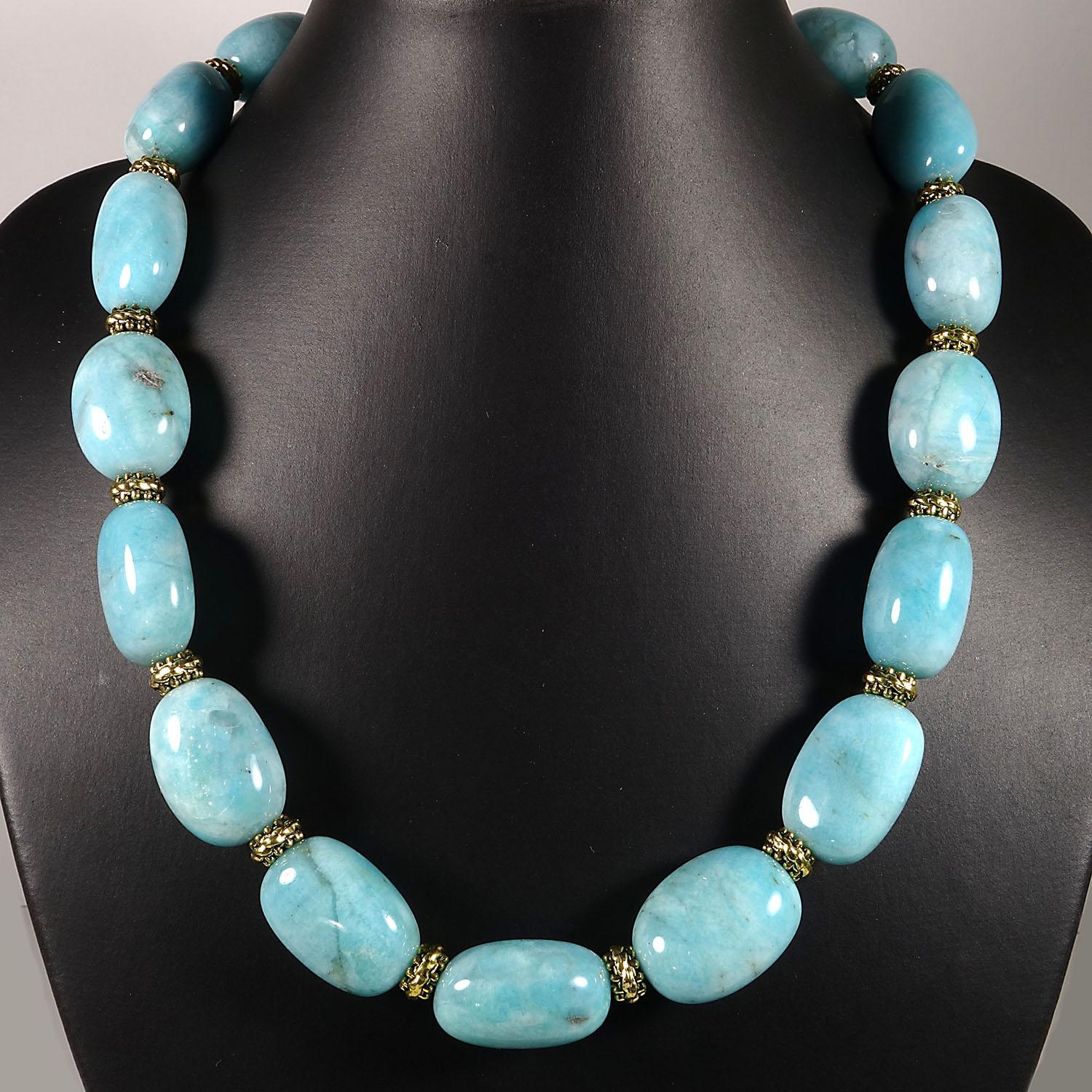 Unique necklace of highly polished Amazonite nuggets accented with decorative bronze tone Bali beads.
These gorgeous nuggets measure approximately 20-23x16MM
This handmade Amazonite nugget necklace is enhanced with 8MM detailed bronze Bali beads and