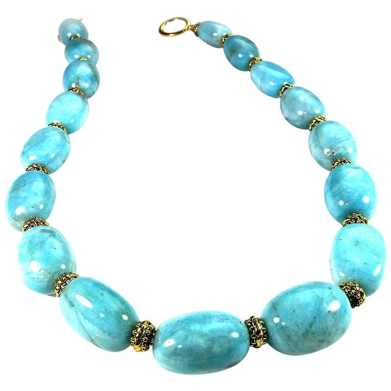 Polished Amazonite Nugget Necklace with Bali Bead Accents For Sale at