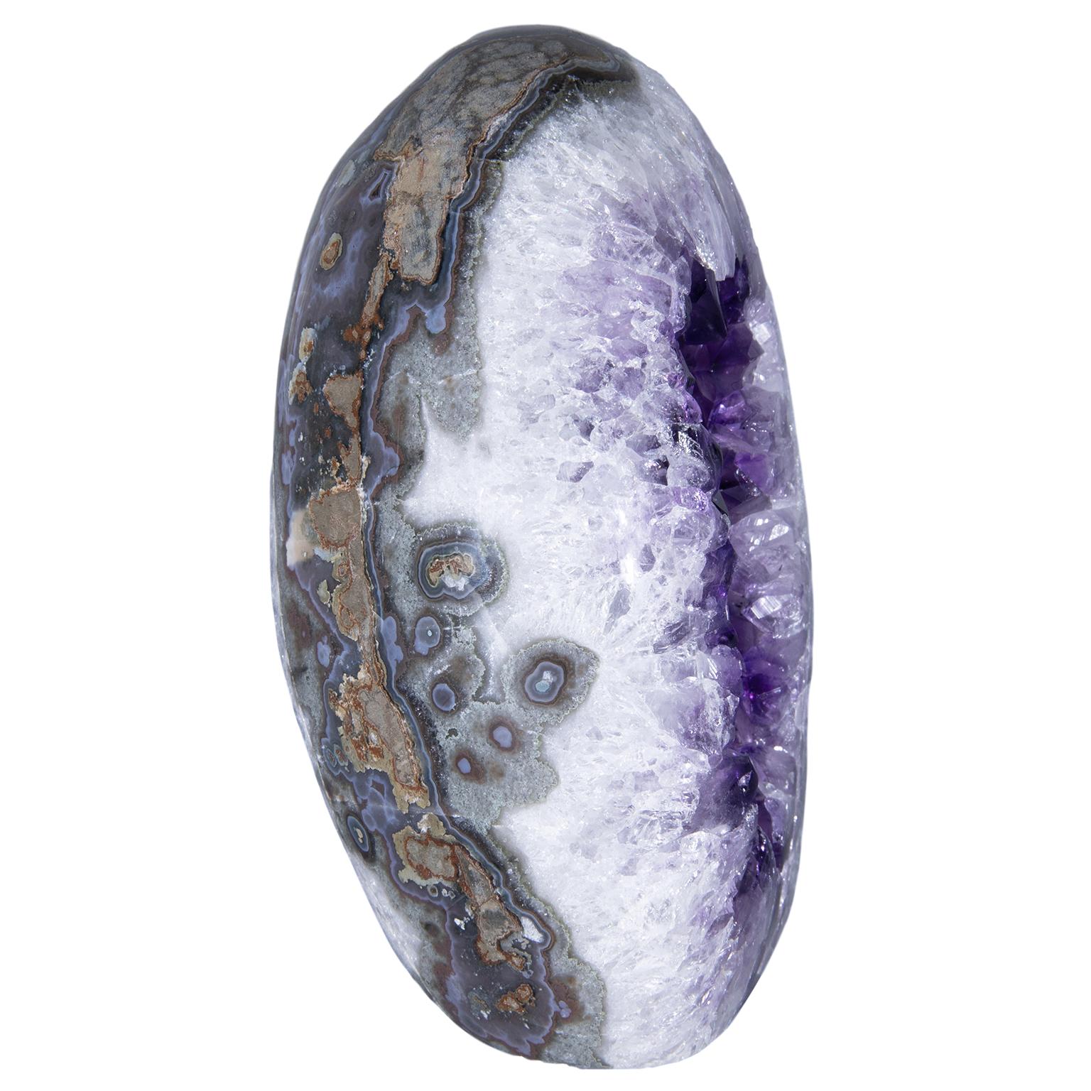 Uruguayan Polished Amethyst Egg Geode Surrounded by White Quartz and Agate Crystals