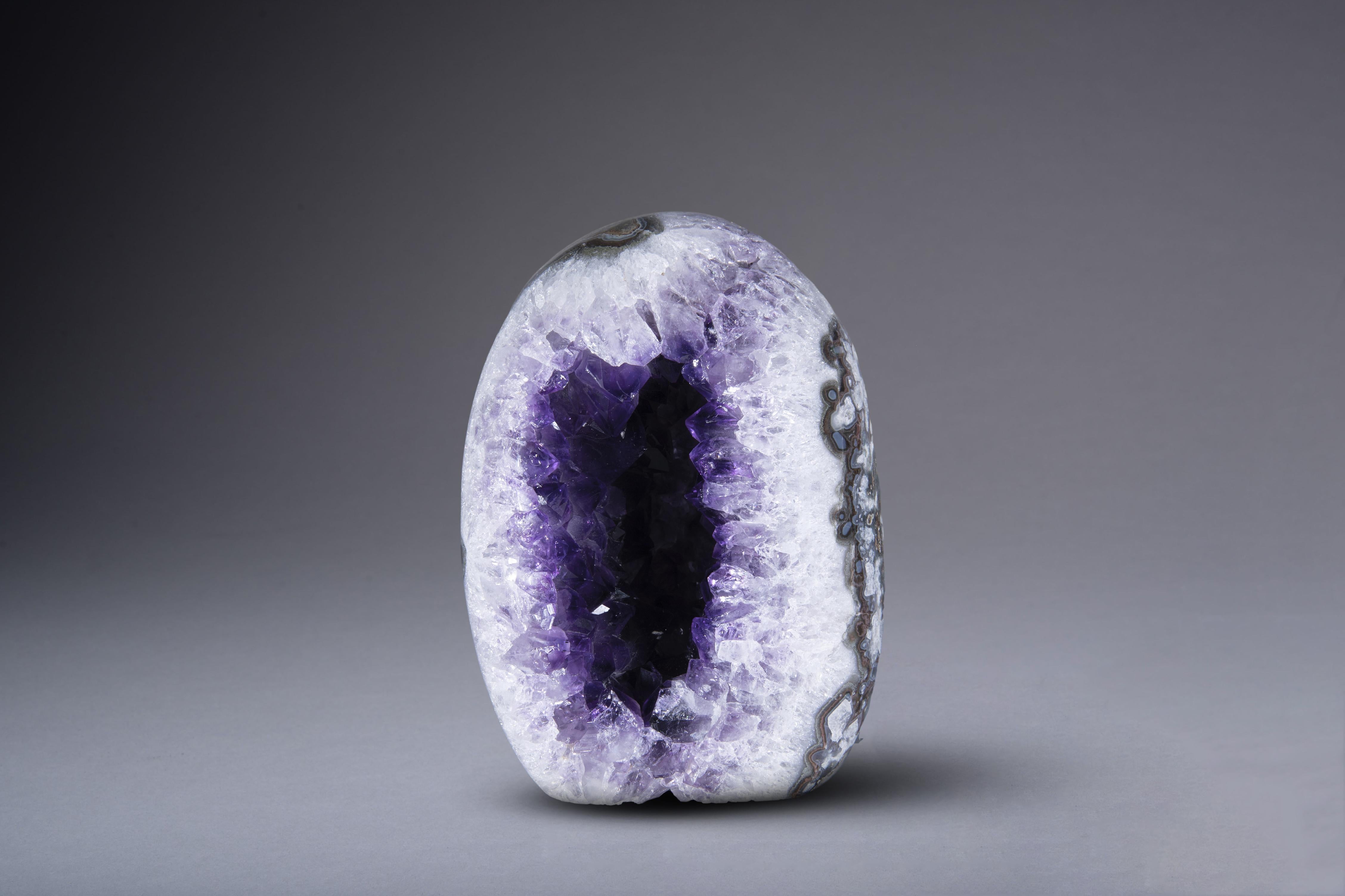 Polished Amethyst Egg Geode Surrounded by White Quartz and Agate Crystals In Excellent Condition In London, GB