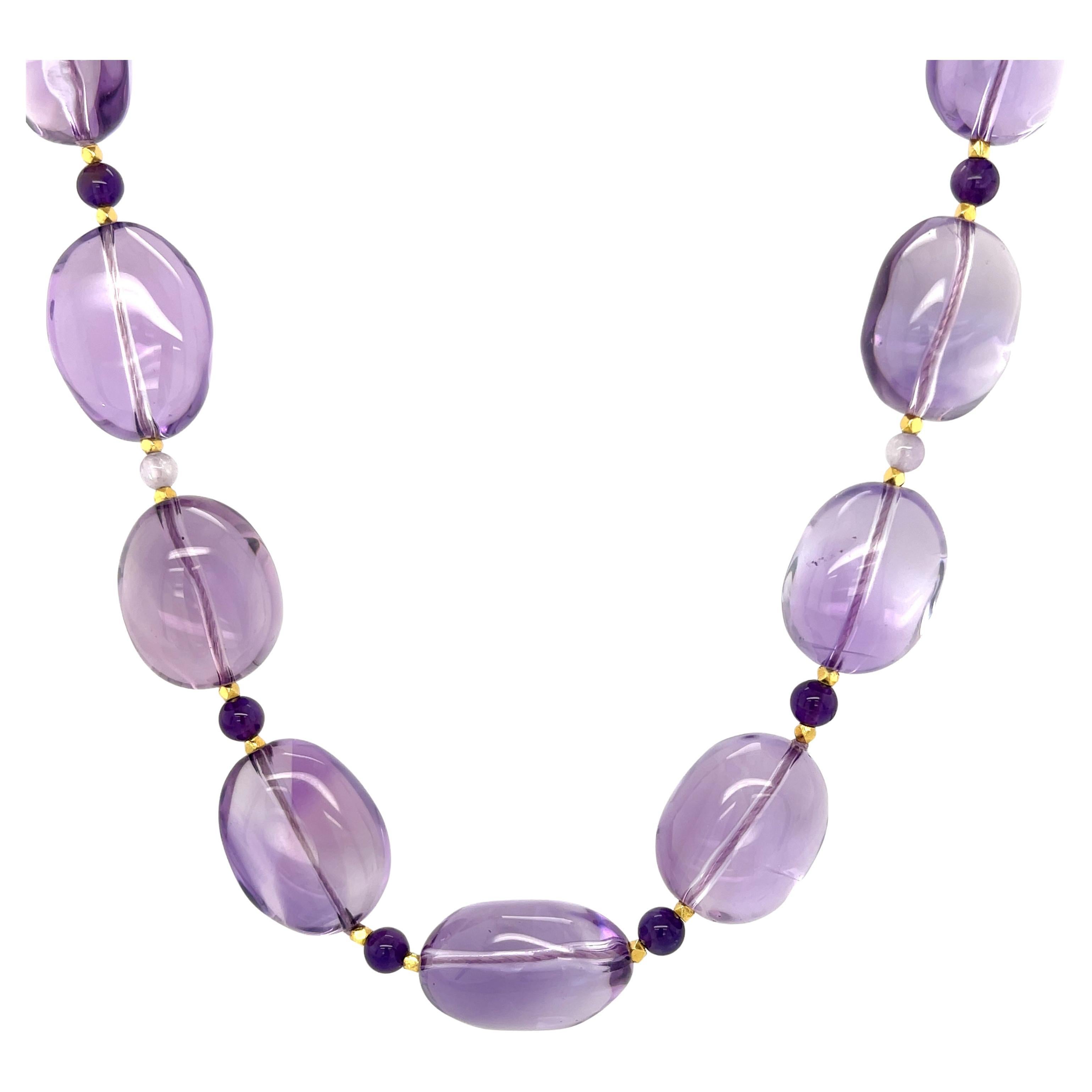 Polierte Amethyst Nugget Perlenkette, 14k & 18k Gold Verschluss, 22" im Angebot