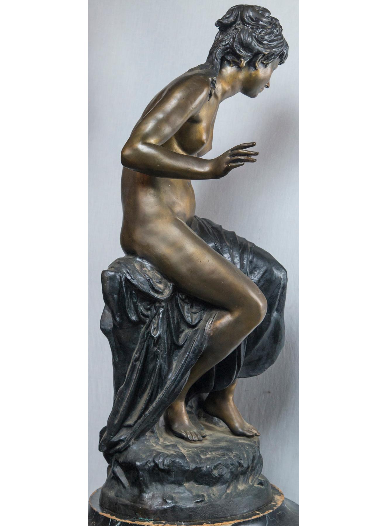 Polished and Patinated Semi Nude Bronze Statue of a Female In Good Condition For Sale In Woodbury, CT