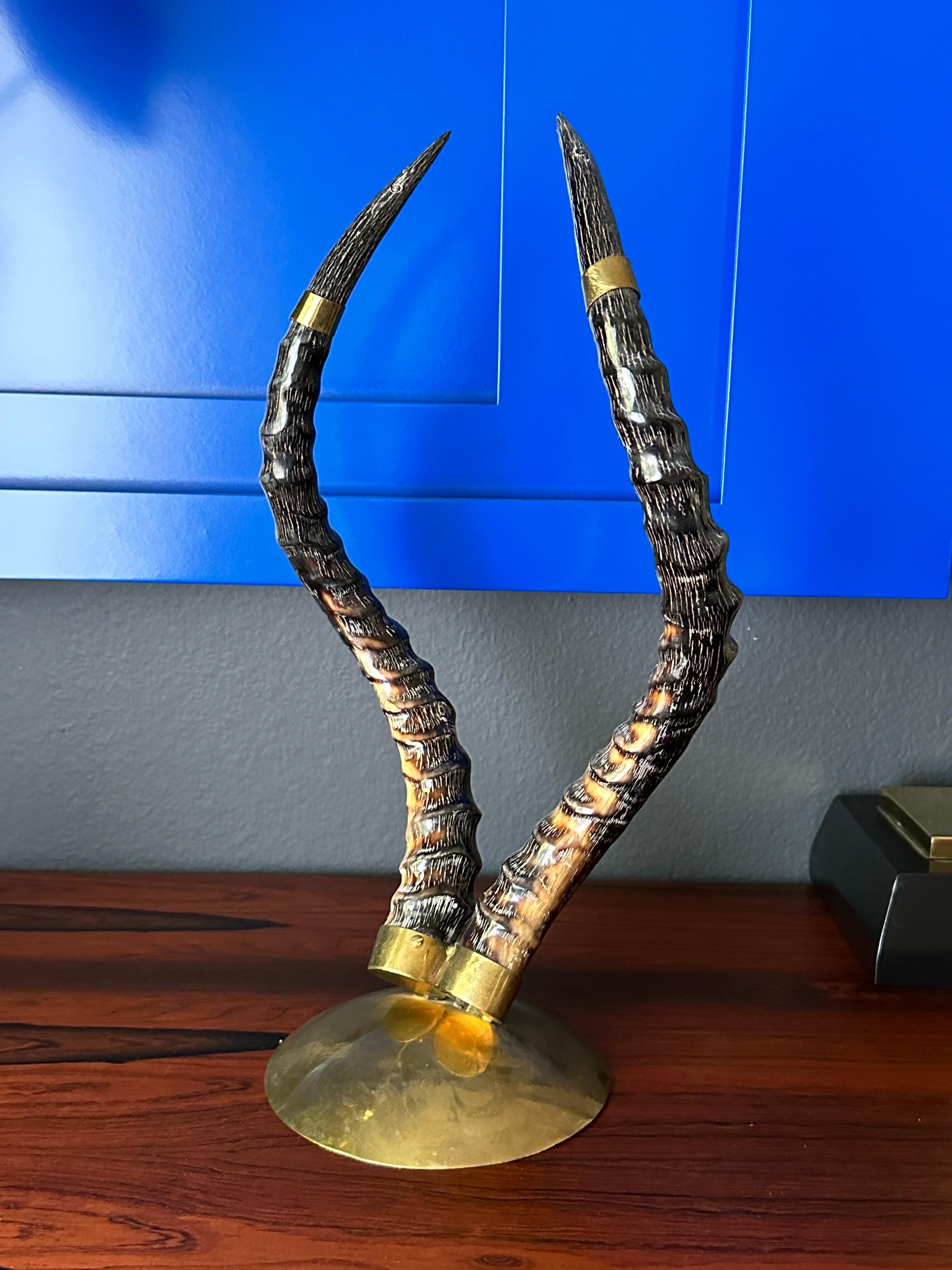 Hollywood Regency Polished Antelope Horns on Brass Base For Sale