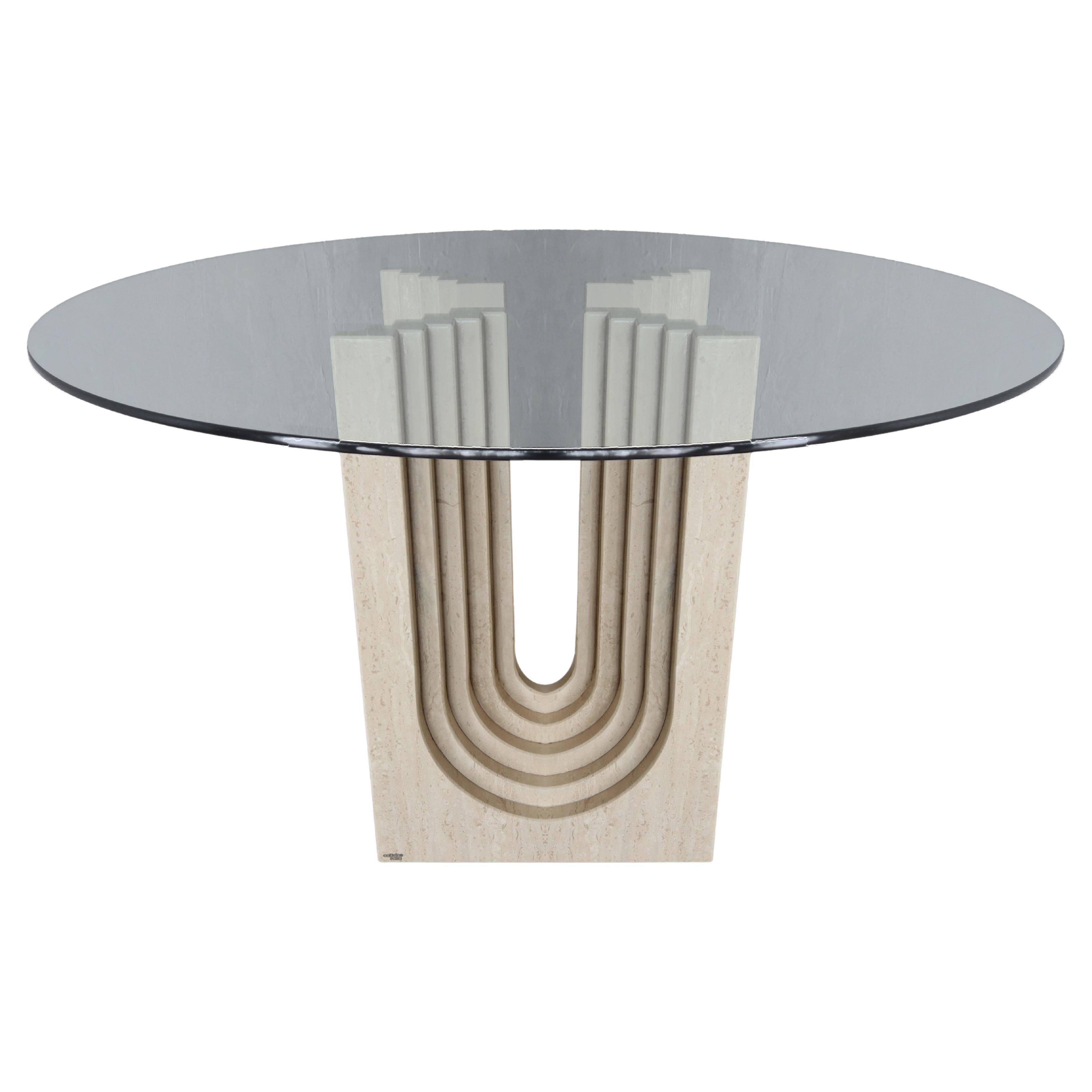 Polished Arched Travertine Pedestal Dining Table by Carlo Scarpa For Sale