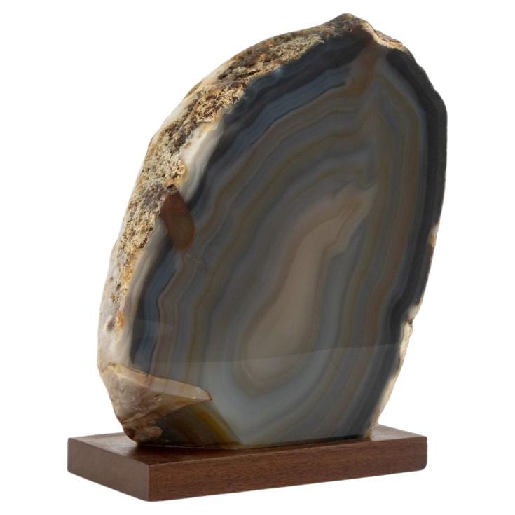 Polished Banded Agate on Walnut Base - 20th Century Mineral Decor