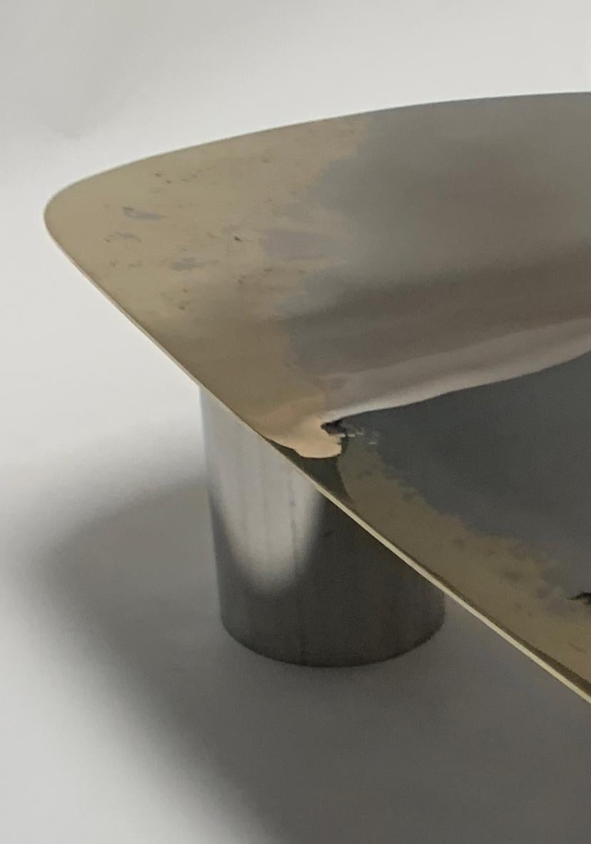 Contemporary Polished Bimetal Two-Tone Brass and Stainless-Steel Hand-Crafted Coffee Table For Sale