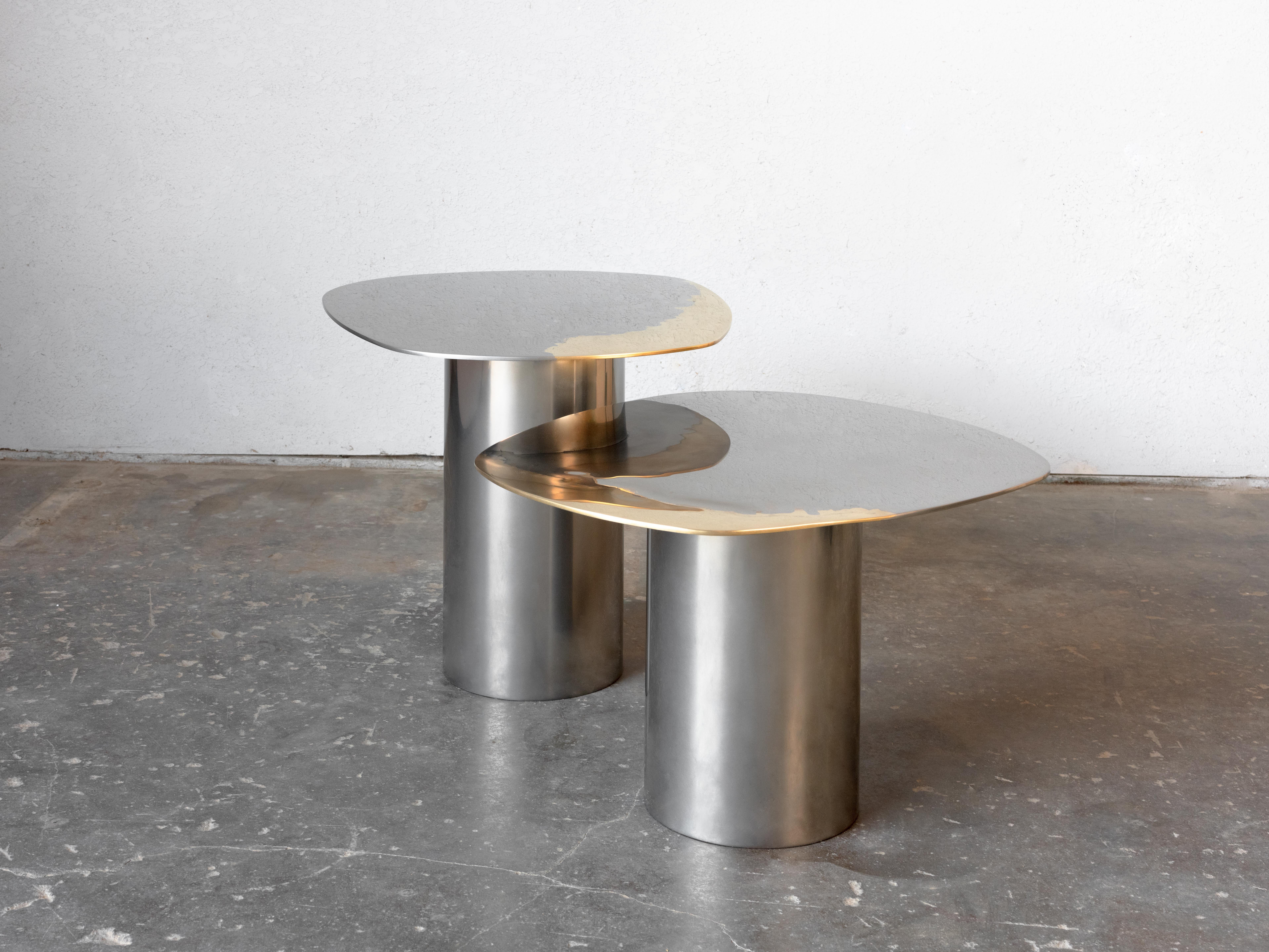 Modern Polished Steel Transition Side Table Bimetal Brass Stainless Steel Top  For Sale