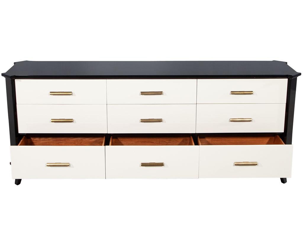 American Polished Black Lacquered Sideboard by Baker Furniture Facet Cabinet For Sale