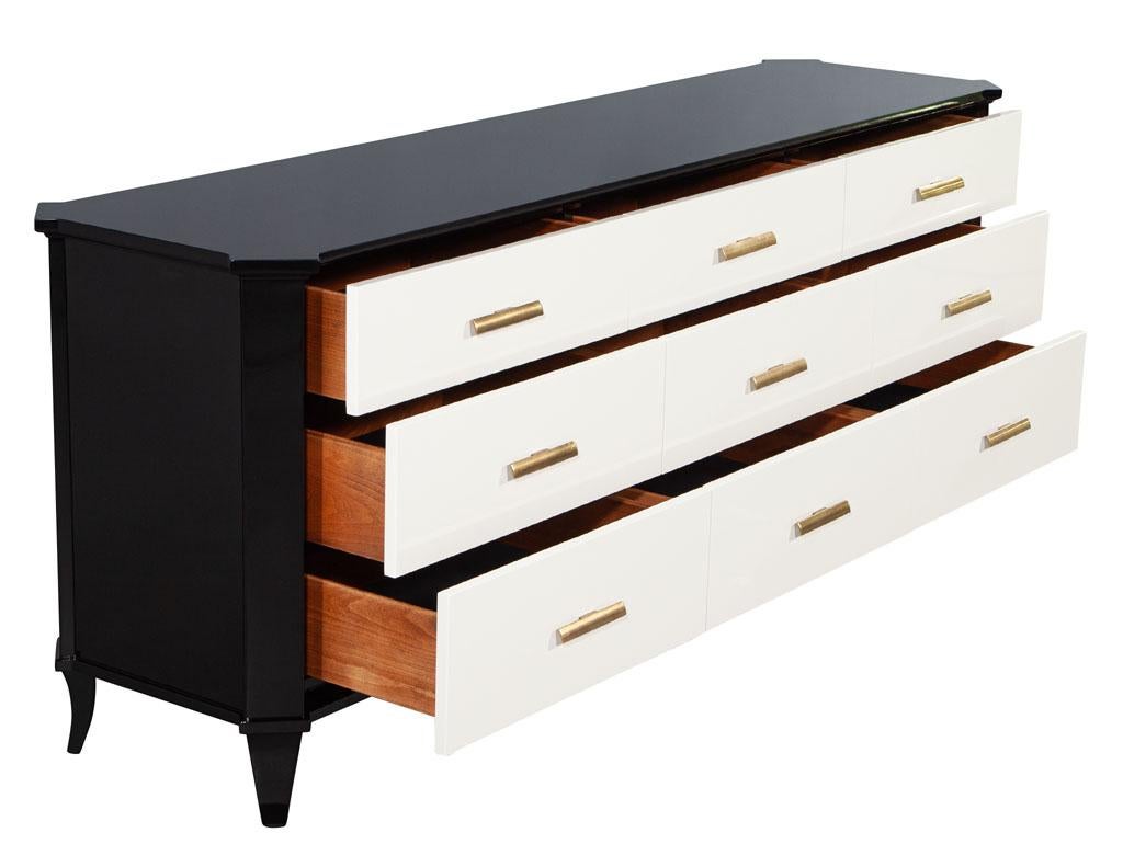 Wood Polished Black Lacquered Sideboard by Baker Furniture Facet Cabinet For Sale