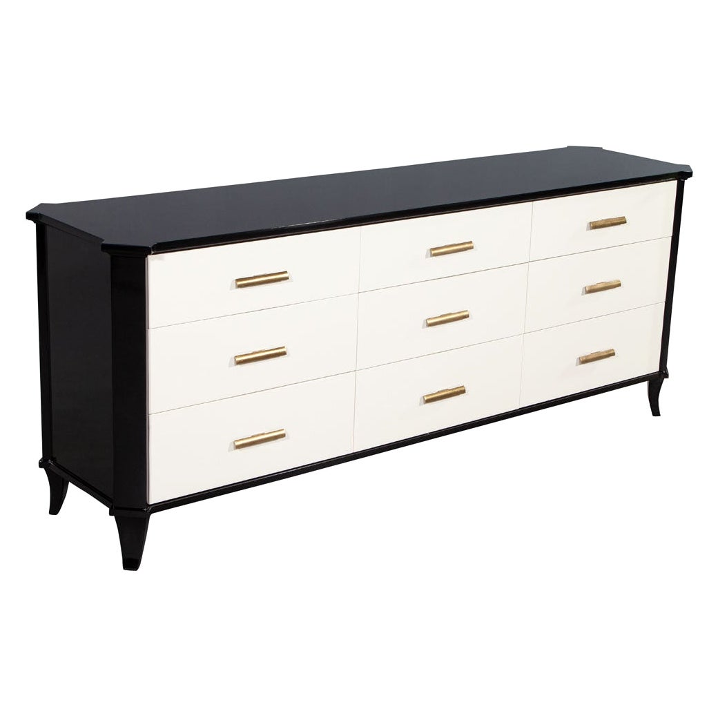 Polished Black Lacquered Sideboard by Baker Furniture Facet Cabinet