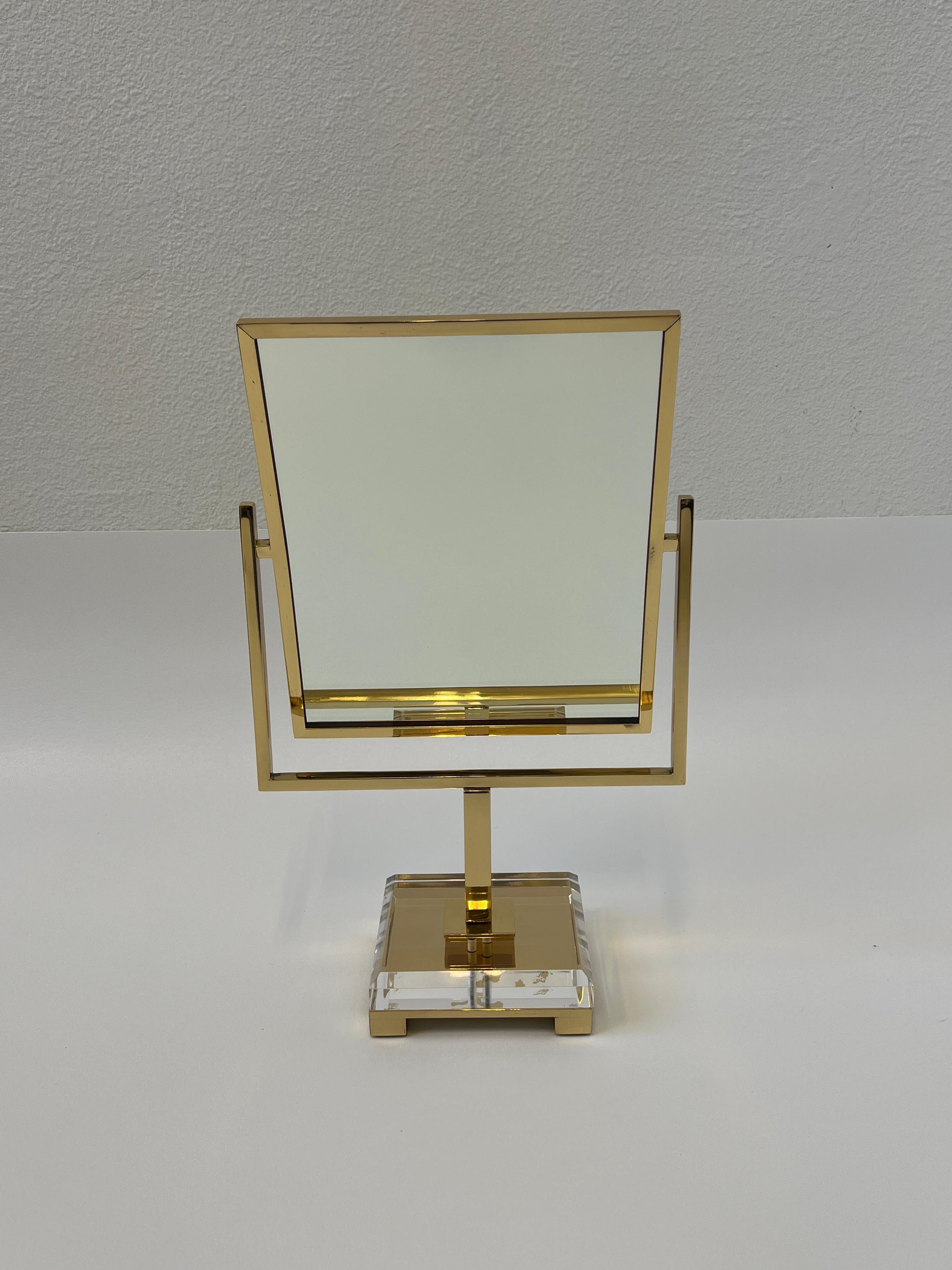 American Polished Brass and Acrylic Vanity Mirror by Charles Hollis Jones For Sale